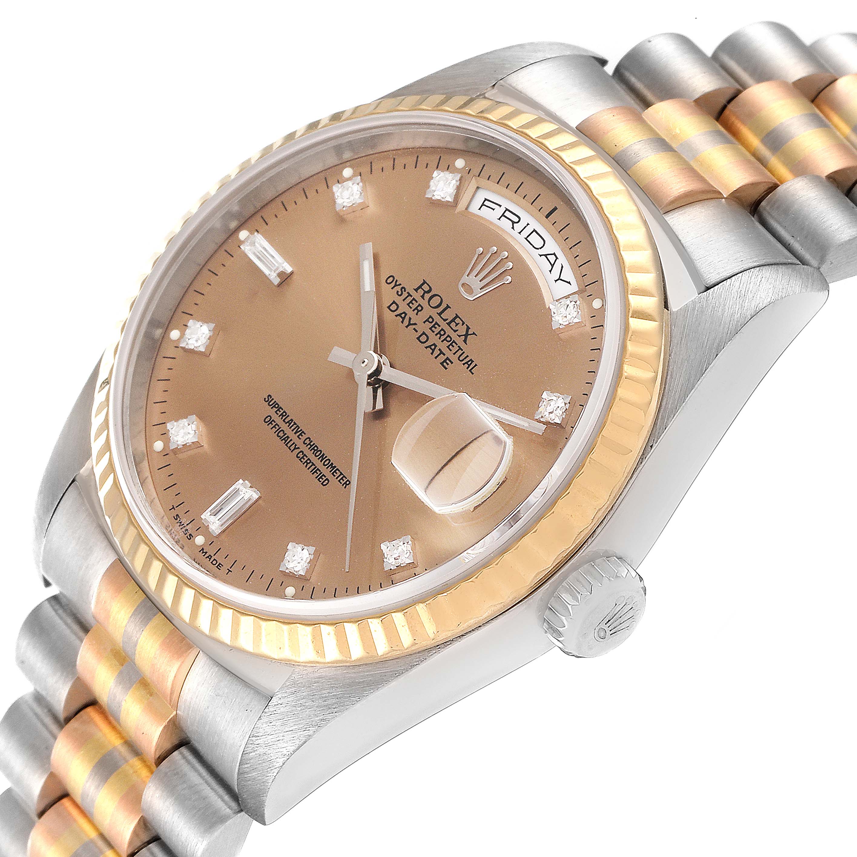 The image shows a Rolex President 18239 Men's White Gold Brown Dial 18239 Men's White Gold Brown Dial watch at an angled view, highlighting the face, bezel, crown, and part of the bracelet.