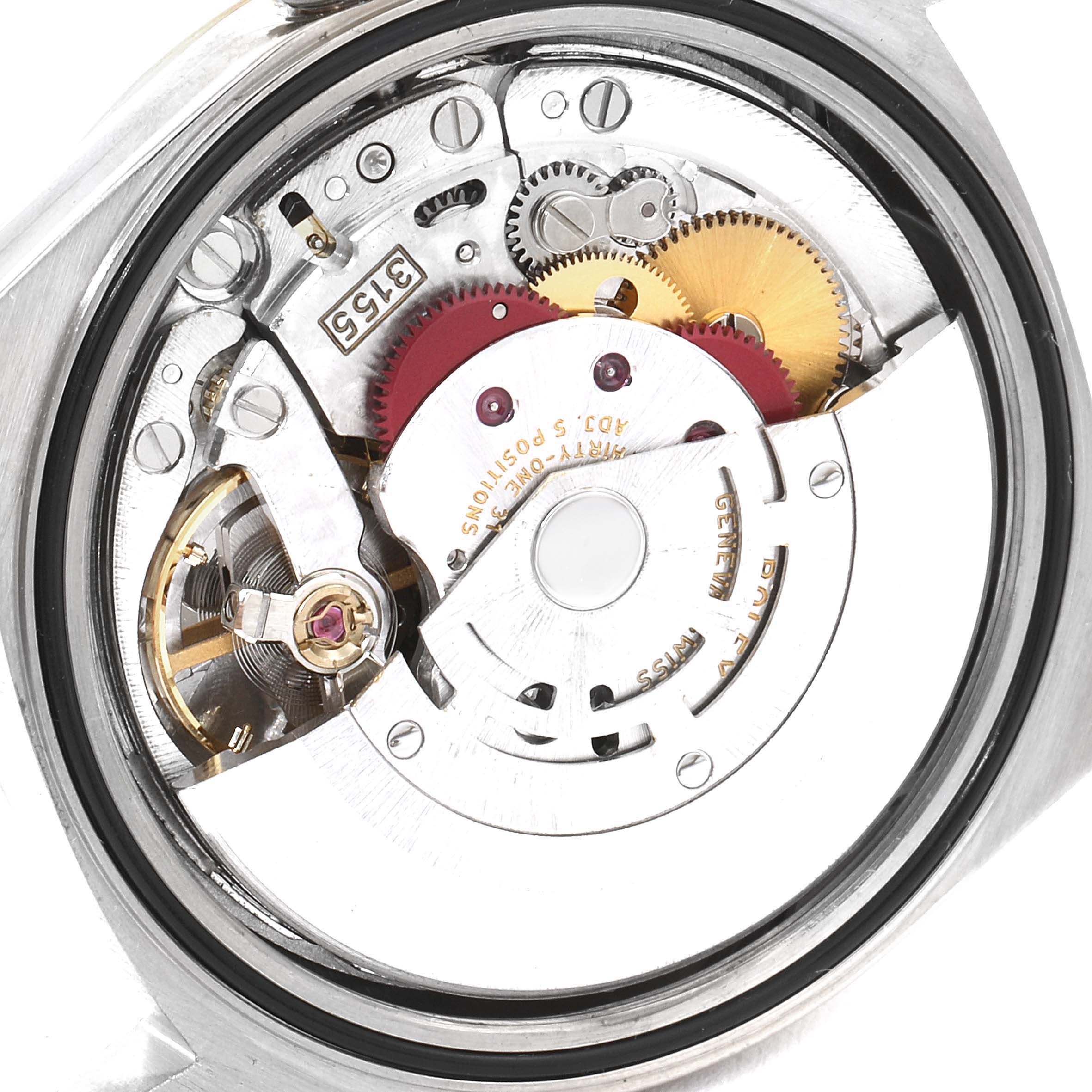 The image shows a close-up of the movement mechanism inside a Rolex President 18239 Men's White Gold Brown Dial 18239 Men's White Gold Brown Dial model watch, captured from the back.