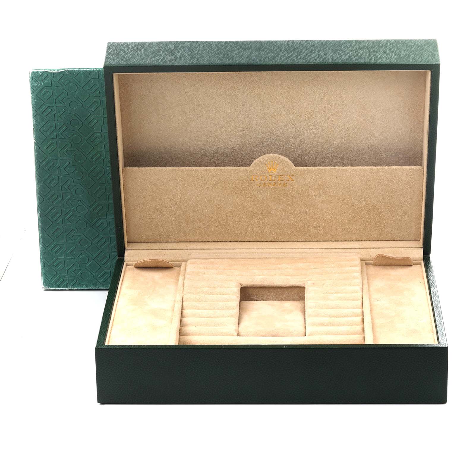 The image shows an open Rolex President 118388 Men's Yellow Gold Mother of Pearl Dial 118388 Men's Yellow Gold Mother of Pearl Dial watch box, highlighting its luxurious green exterior and beige interior.