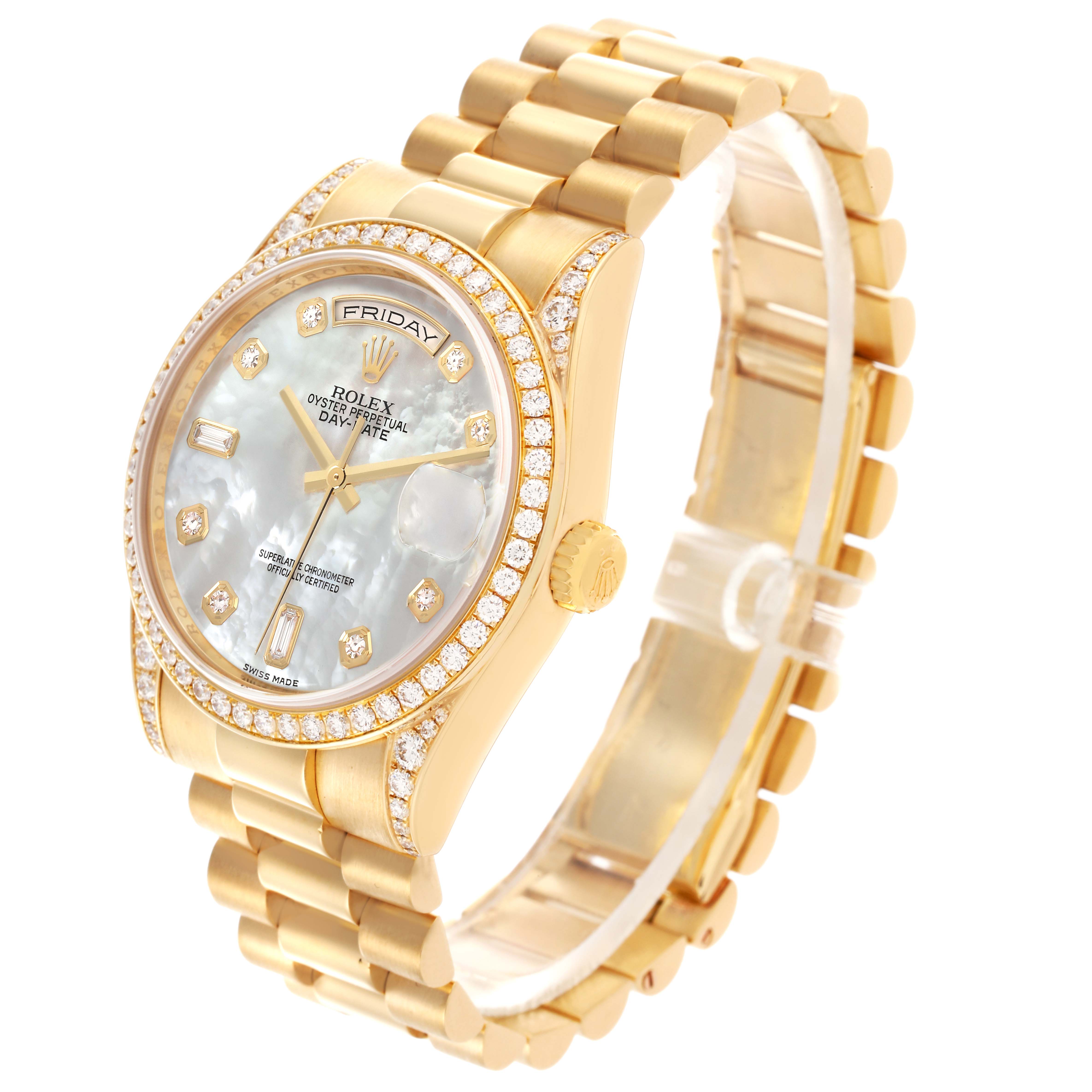 The Rolex President 118388 Men's Yellow Gold Mother of Pearl Dial 118388 Men's Yellow Gold Mother of Pearl Dial model watch is shown at a slight angle, displaying the bracelet, face, bezel, and crown.