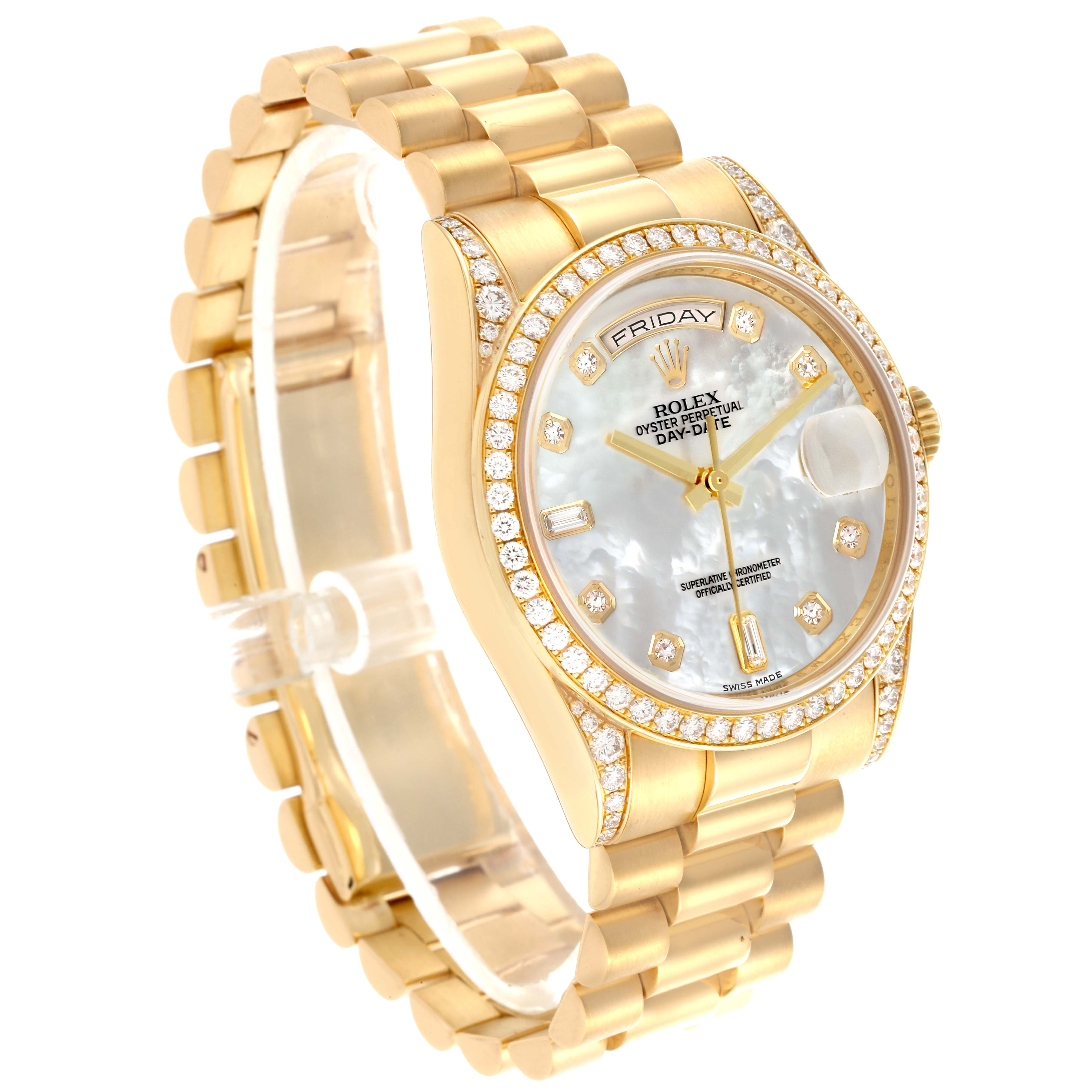 The Rolex President 118388 Men's Yellow Gold Mother of Pearl Dial 118388 Men's Yellow Gold Mother of Pearl Dial model is shown from an angled view, highlighting the gold bracelet, diamond bezel, and face details.