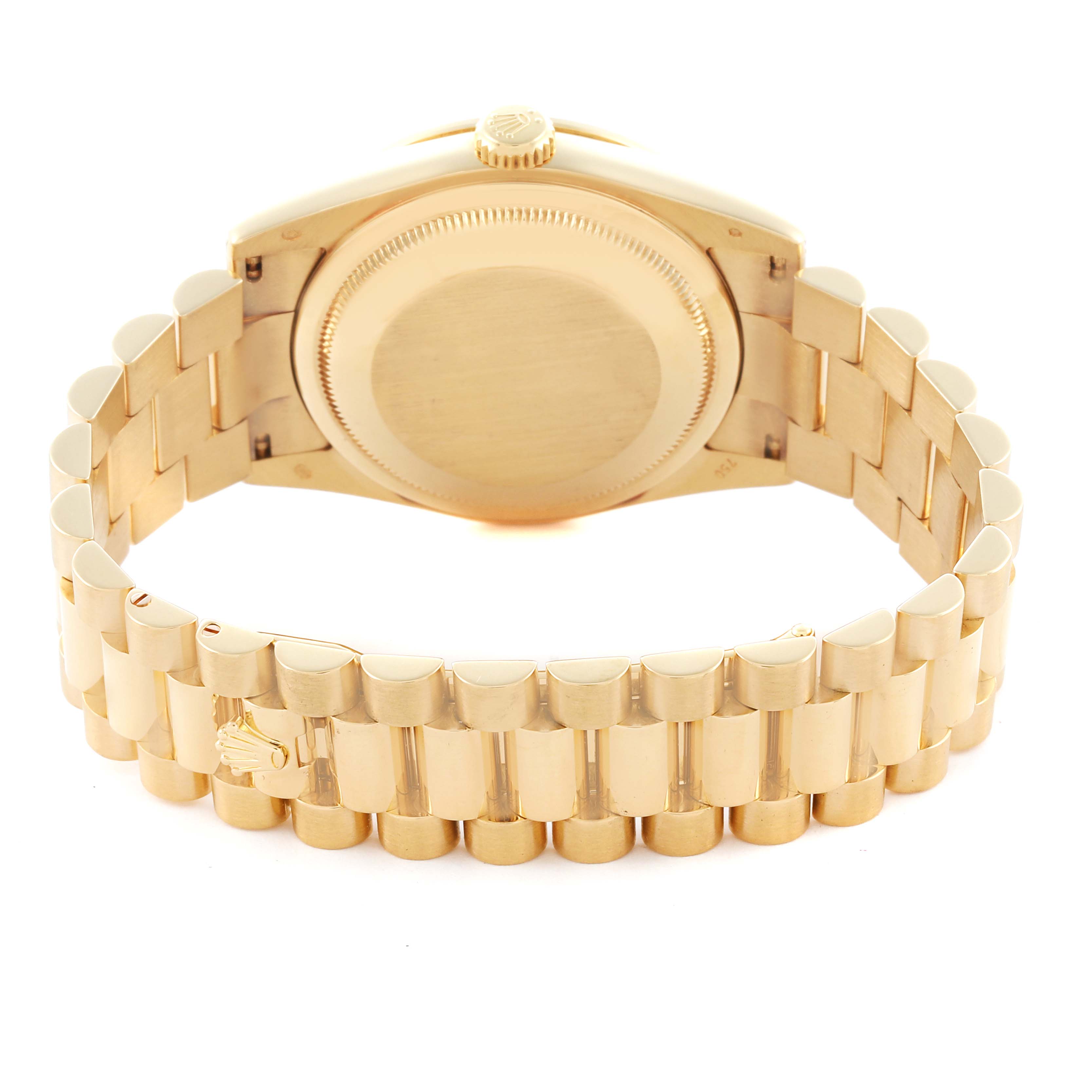 The Rolex President 118388 Men's Yellow Gold Mother of Pearl Dial 118388 Men's Yellow Gold Mother of Pearl Dial model is shown from the back, highlighting the case back and bracelet.