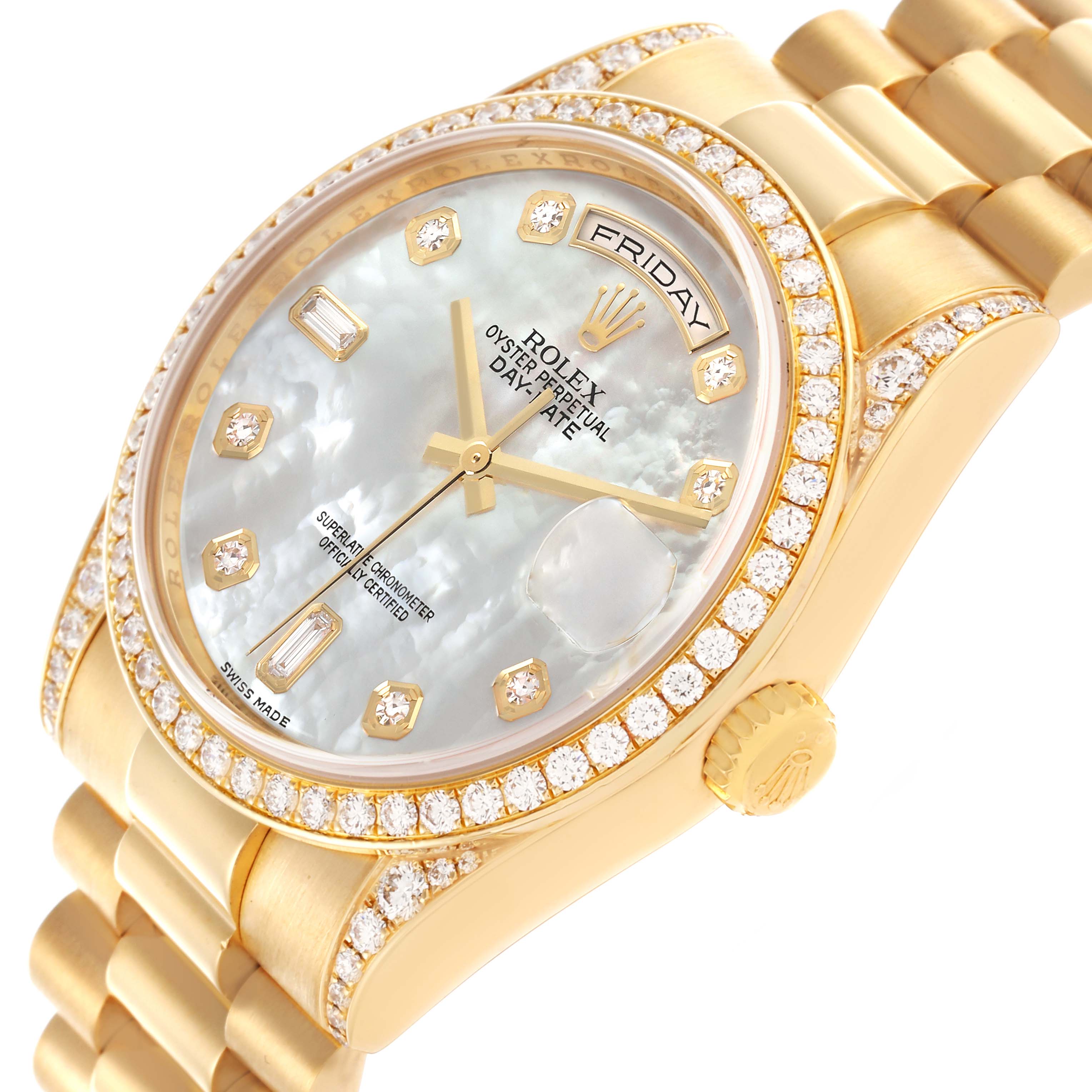 This Rolex President 118388 Men's Yellow Gold Mother of Pearl Dial 118388 Men's Yellow Gold Mother of Pearl Dial model watch is shown at an angle displaying the face, bezel, crown, and part of the bracelet.