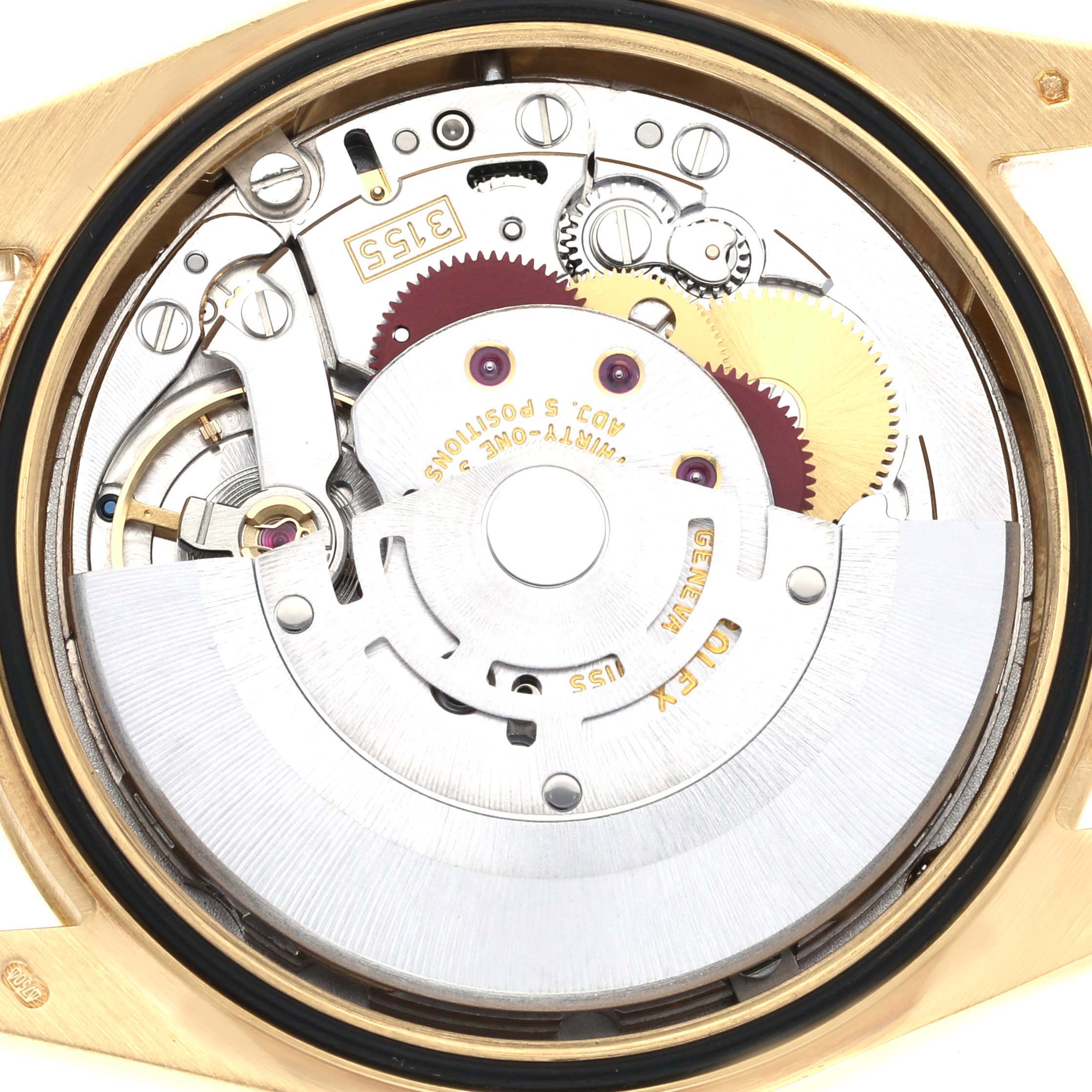 The image shows the movement mechanism of a Rolex President 118388 Men's Yellow Gold Mother of Pearl Dial 118388 Men's Yellow Gold Mother of Pearl Dial model from a rear angle, displaying gears and rotors.