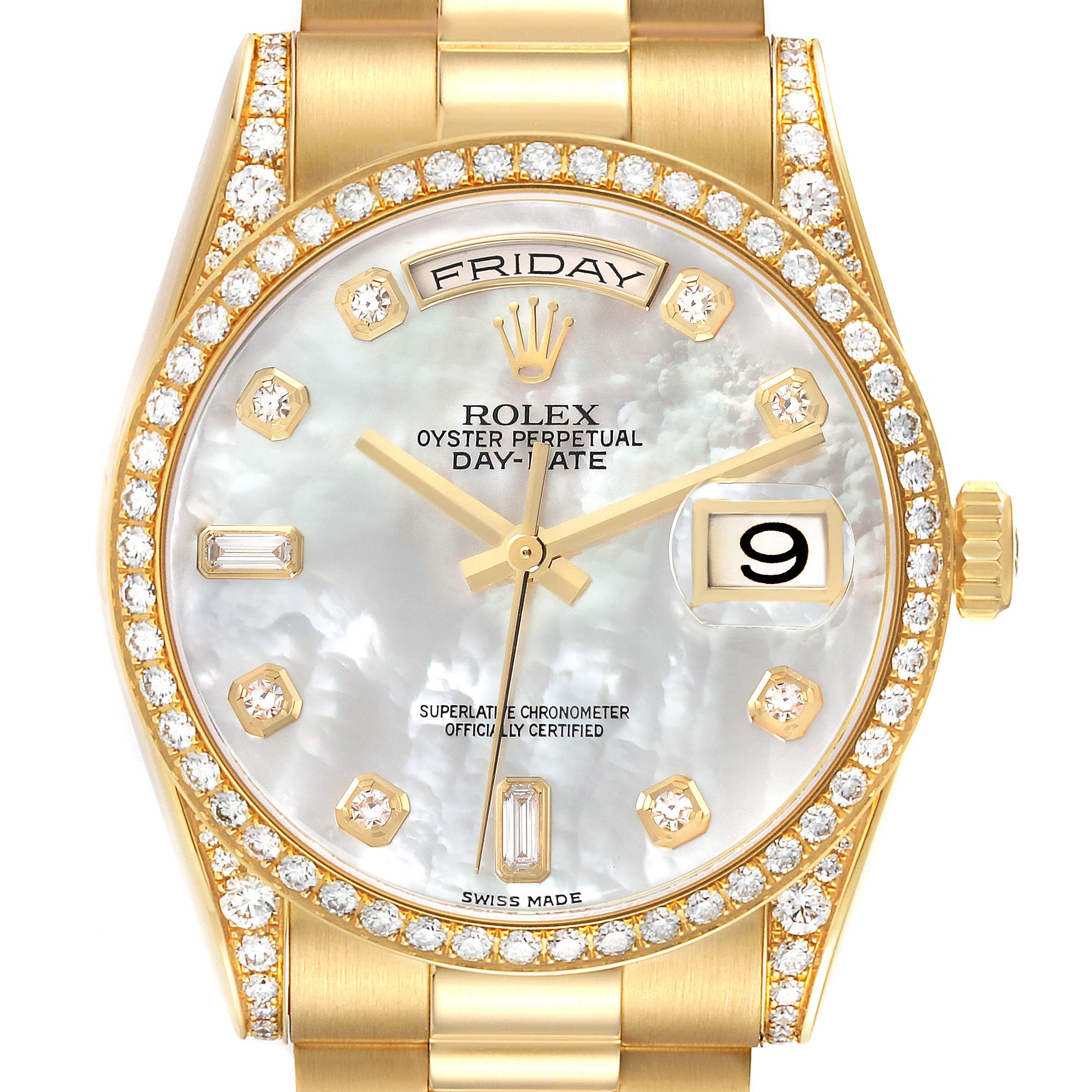 The Rolex President 118388 Men's Yellow Gold Mother of Pearl Dial 118388 Men's Yellow Gold Mother of Pearl Dial model watch is shown from the front, highlighting the diamond bezel, dial, day, and date features.