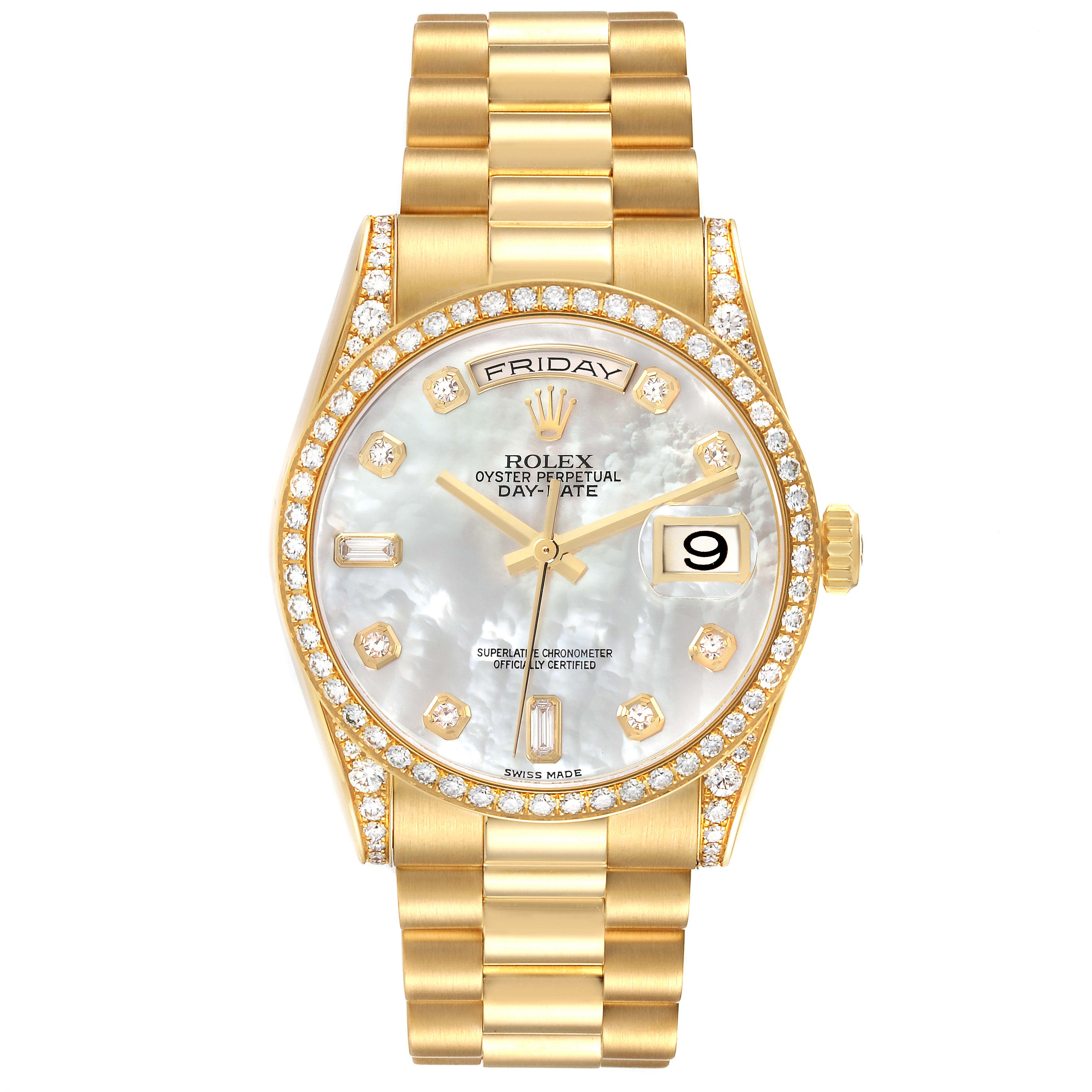 The Rolex President 118388 Men's Yellow Gold Mother of Pearl Dial 118388 Men's Yellow Gold Mother of Pearl Dial watch is shown from a top view, highlighting the face, bracelet, bezel, and crown.