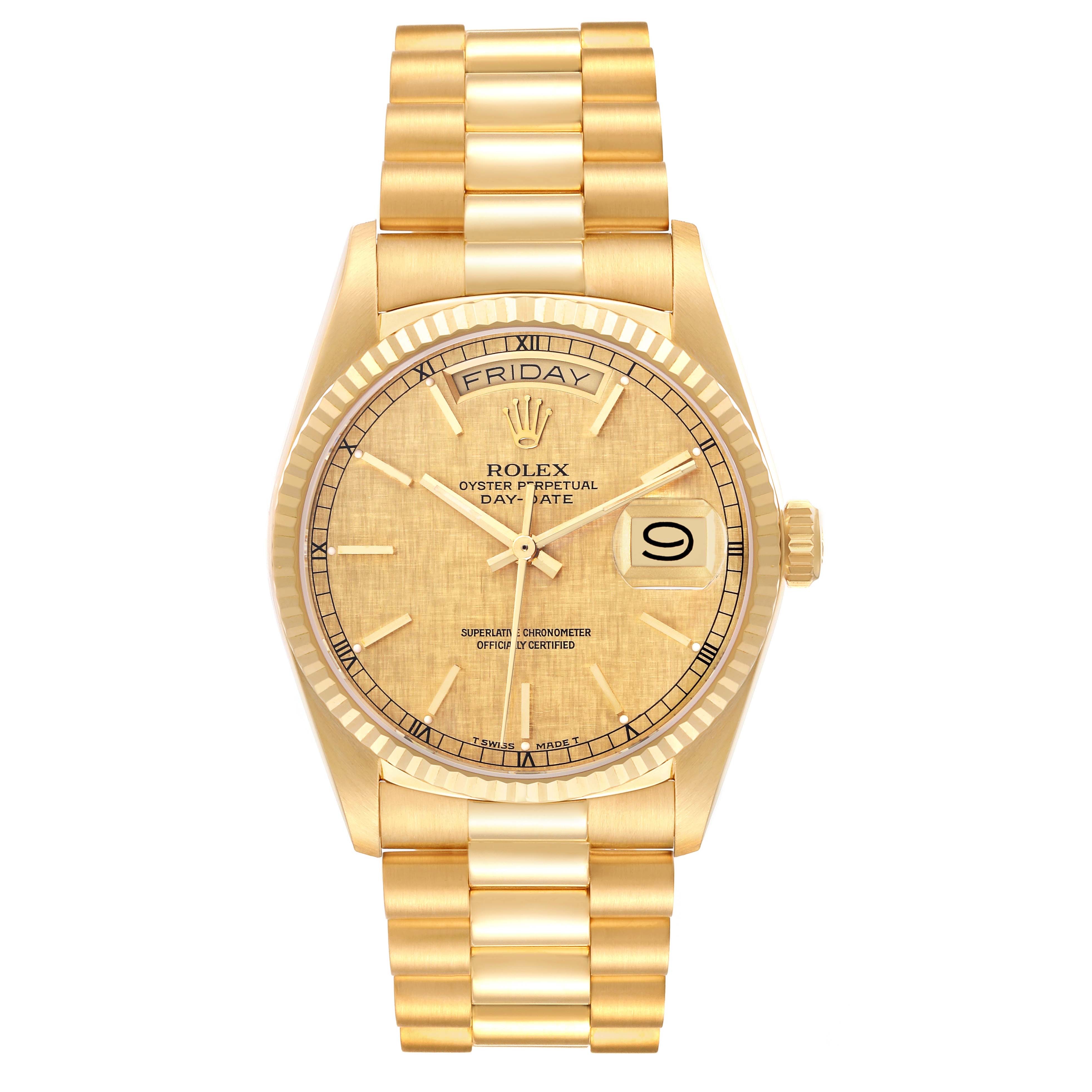 The Rolex President 18038 Men
s Yellow Gold Champagne Dial 18038 Men
s Yellow Gold Champagne Dial model watch is shown from the front, displaying its face, bezel, bracelet, and crown.