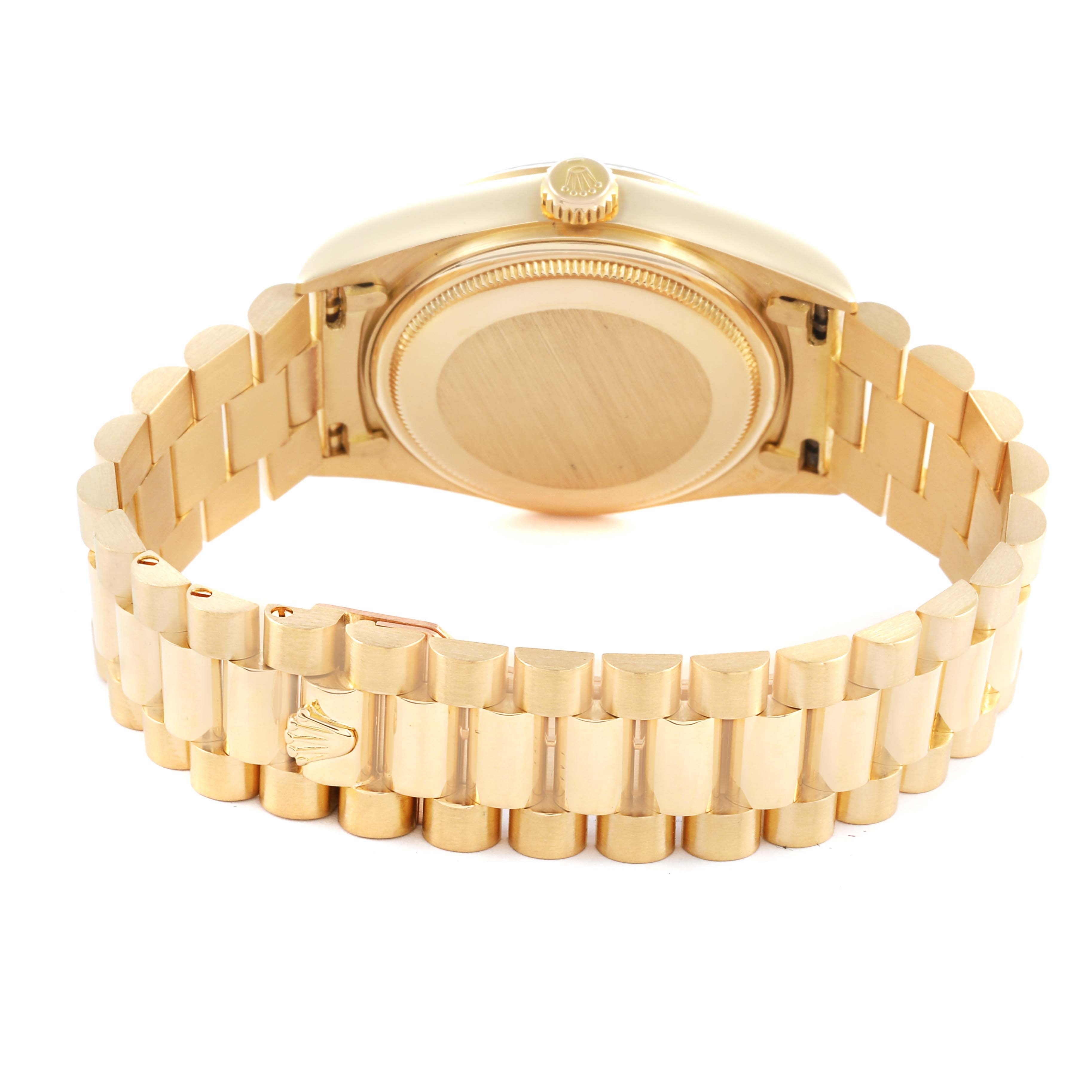 The image shows the back view of the Rolex President 18038 Men
s Yellow Gold Champagne Dial 18038 Men
s Yellow Gold Champagne Dial model, featuring the bracelet and case back.