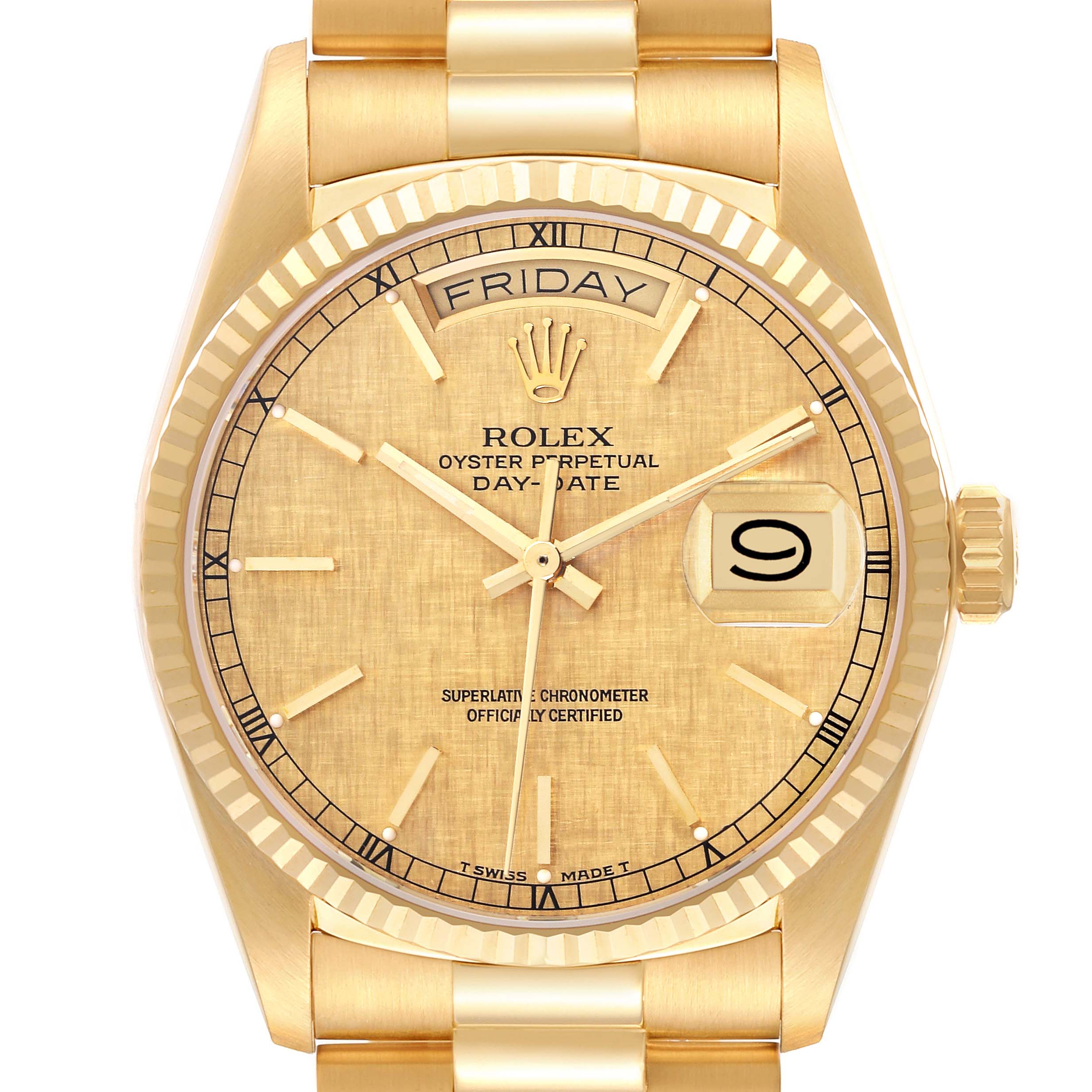 The Rolex President 18038 Men
s Yellow Gold Champagne Dial 18038 Men
s Yellow Gold Champagne Dial watch is shown from a front angle, highlighting the dial, bezel, day, and date features.