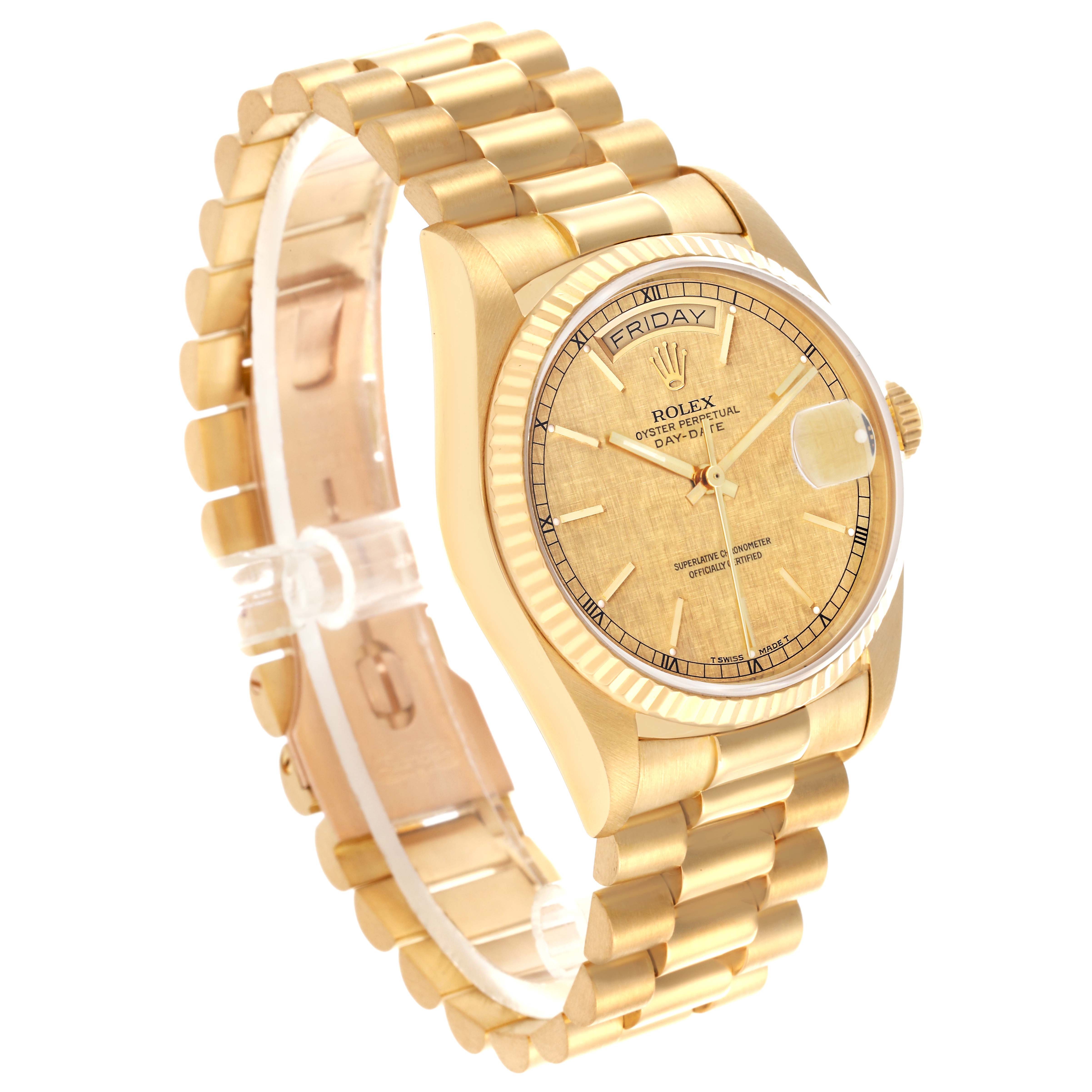 The Rolex President 18038 Men
s Yellow Gold Champagne Dial 18038 Men
s Yellow Gold Champagne Dial model is shown at a three-quarter angle, displaying the dial, bezel, and bracelet.