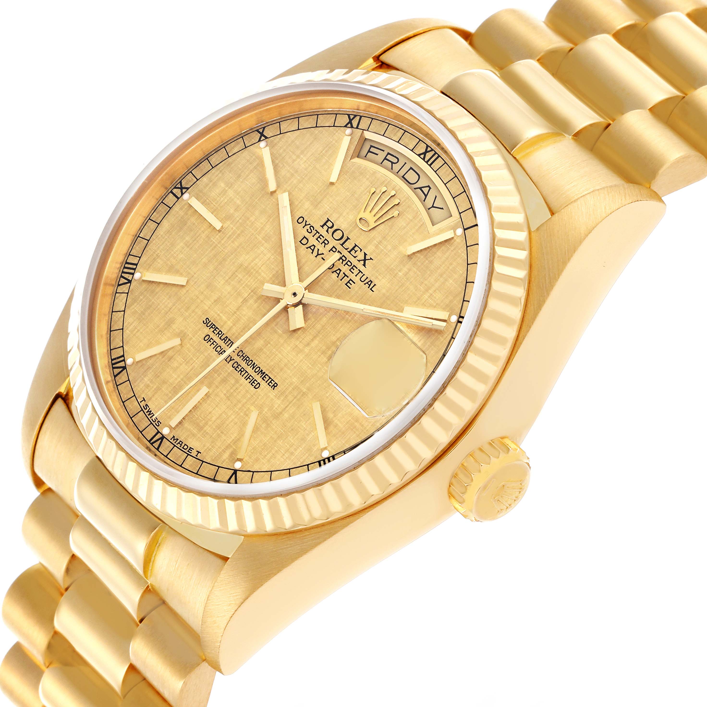 The Rolex President 18038 Men
s Yellow Gold Champagne Dial 18038 Men
s Yellow Gold Champagne Dial watch is shown from a top-side angle, highlighting the dial, fluted bezel, bracelet, and crown.