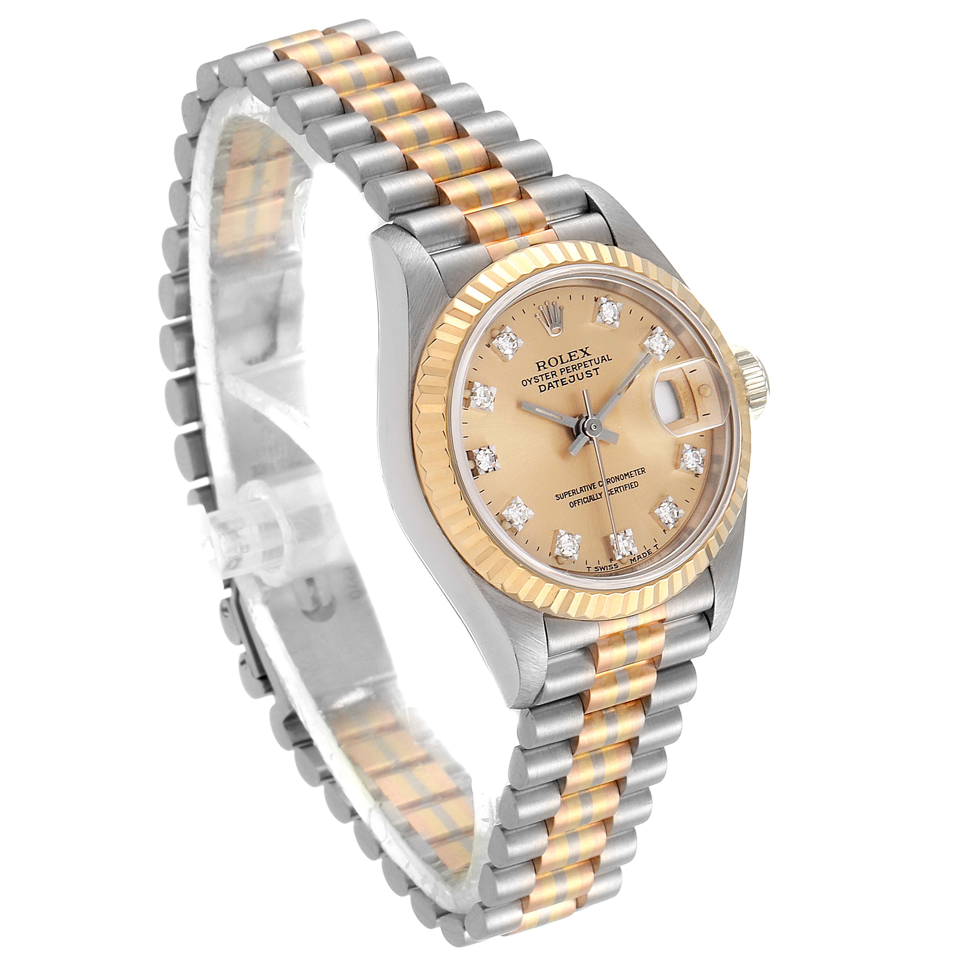 The Rolex President 69179 Women's White Gold Brown Dial 69179 Women's White Gold Brown Dial model watch is shown at a three-quarter angle, highlighting its gold and silver bracelet, and diamond-accented face.