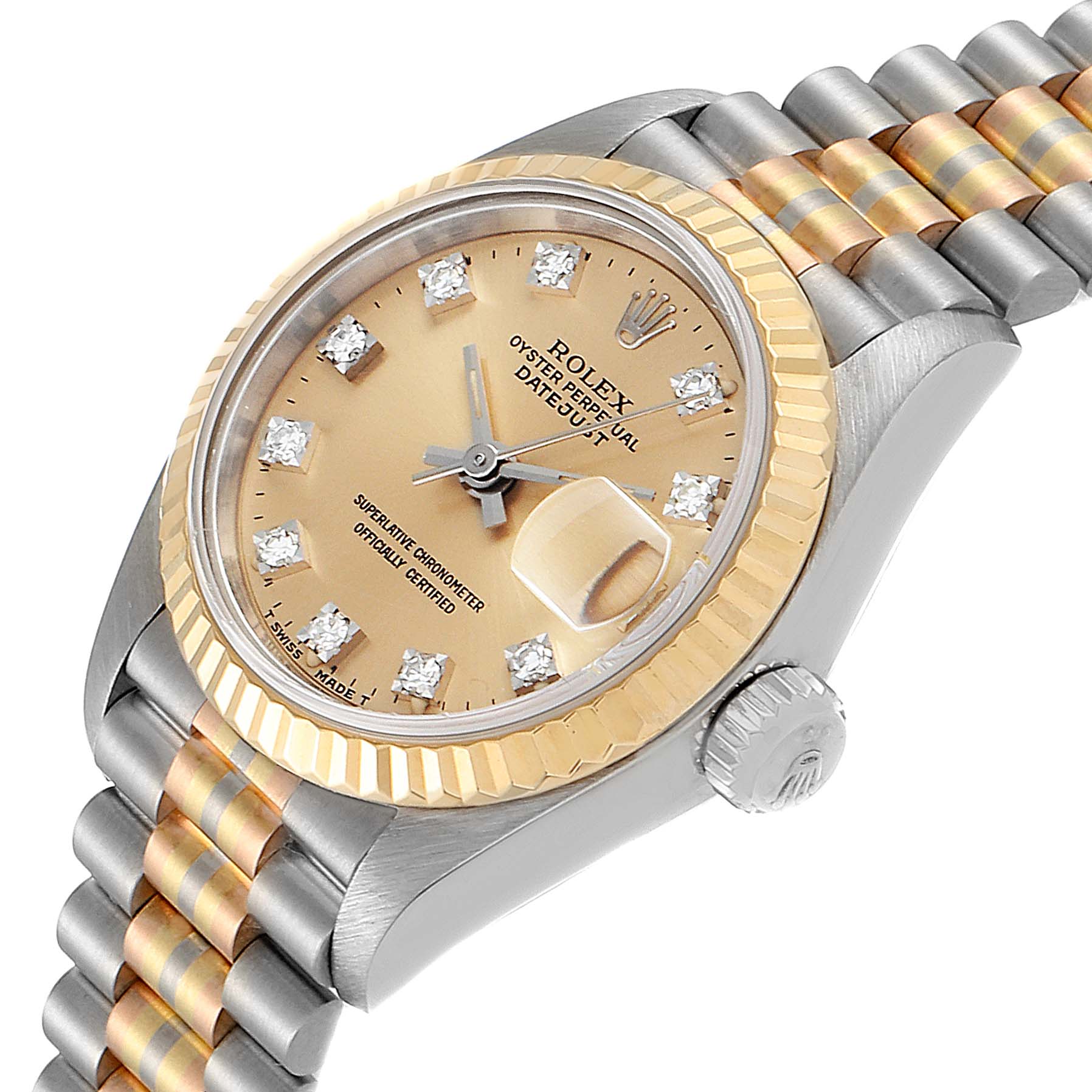 The image shows a Rolex President 69179 Women's White Gold Brown Dial 69179 Women's White Gold Brown Dial model watch at an angled view, displaying the dial, bezel, and bracelet.
