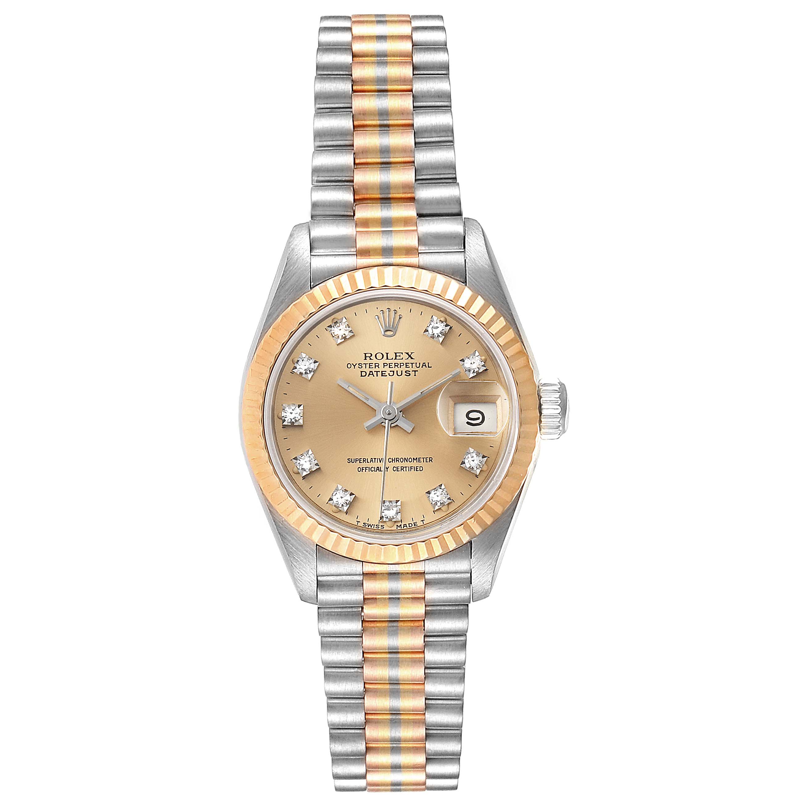 The image shows a front view of the Rolex President 69179 Women's White Gold Brown Dial 69179 Women's White Gold Brown Dial model watch, highlighting its gold and silver bracelet and champagne dial.