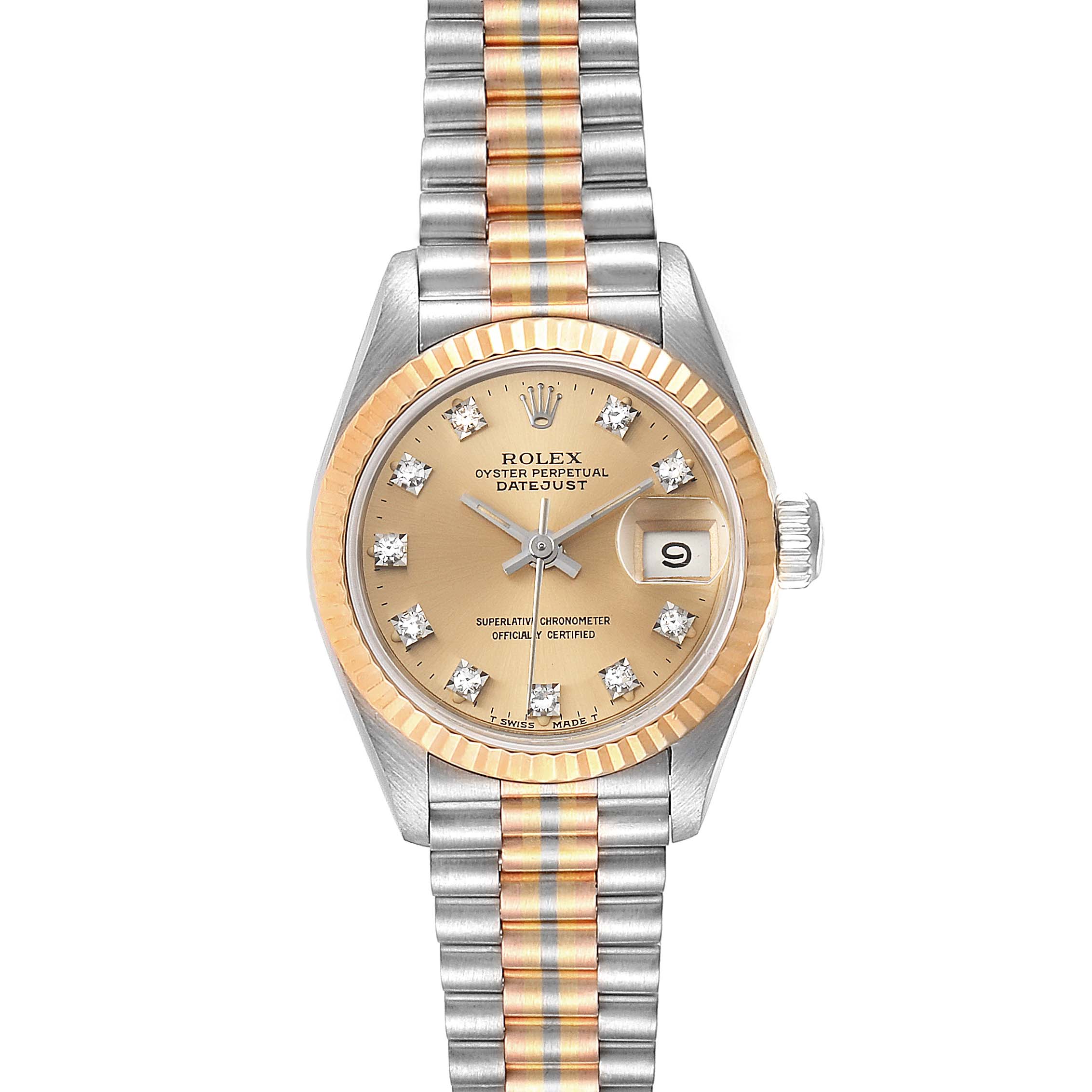 The image shows a frontal view of the Rolex President 69179 Women's White Gold Brown Dial 69179 Women's White Gold Brown Dial model watch, featuring its dial, bezel, and bracelet.