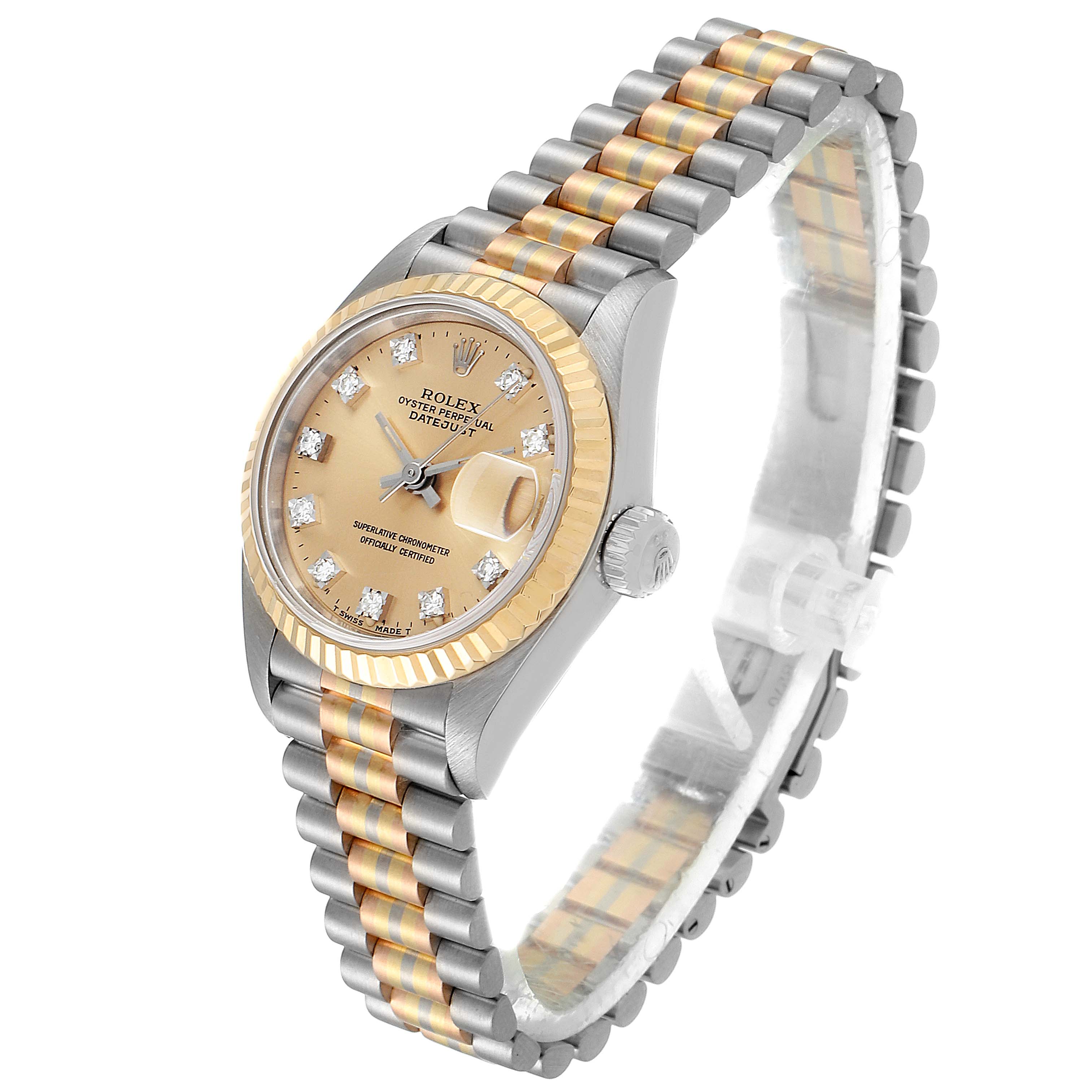 This Rolex President 69179 Women's White Gold Brown Dial 69179 Women's White Gold Brown Dial watch is shown at a right-side angle, displaying the face, crown, and part of the two-tone bracelet.