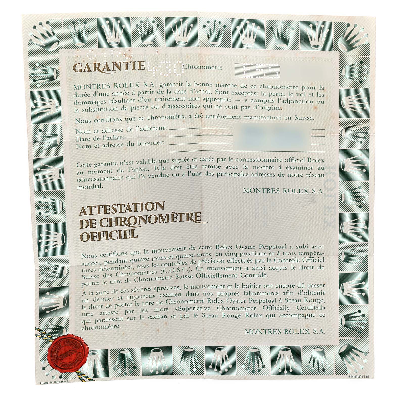 The image shows a Rolex President 69179 Women's White Gold Brown Dial 69179 Women's White Gold Brown Dial model warranty and chronometer certificate with French text.