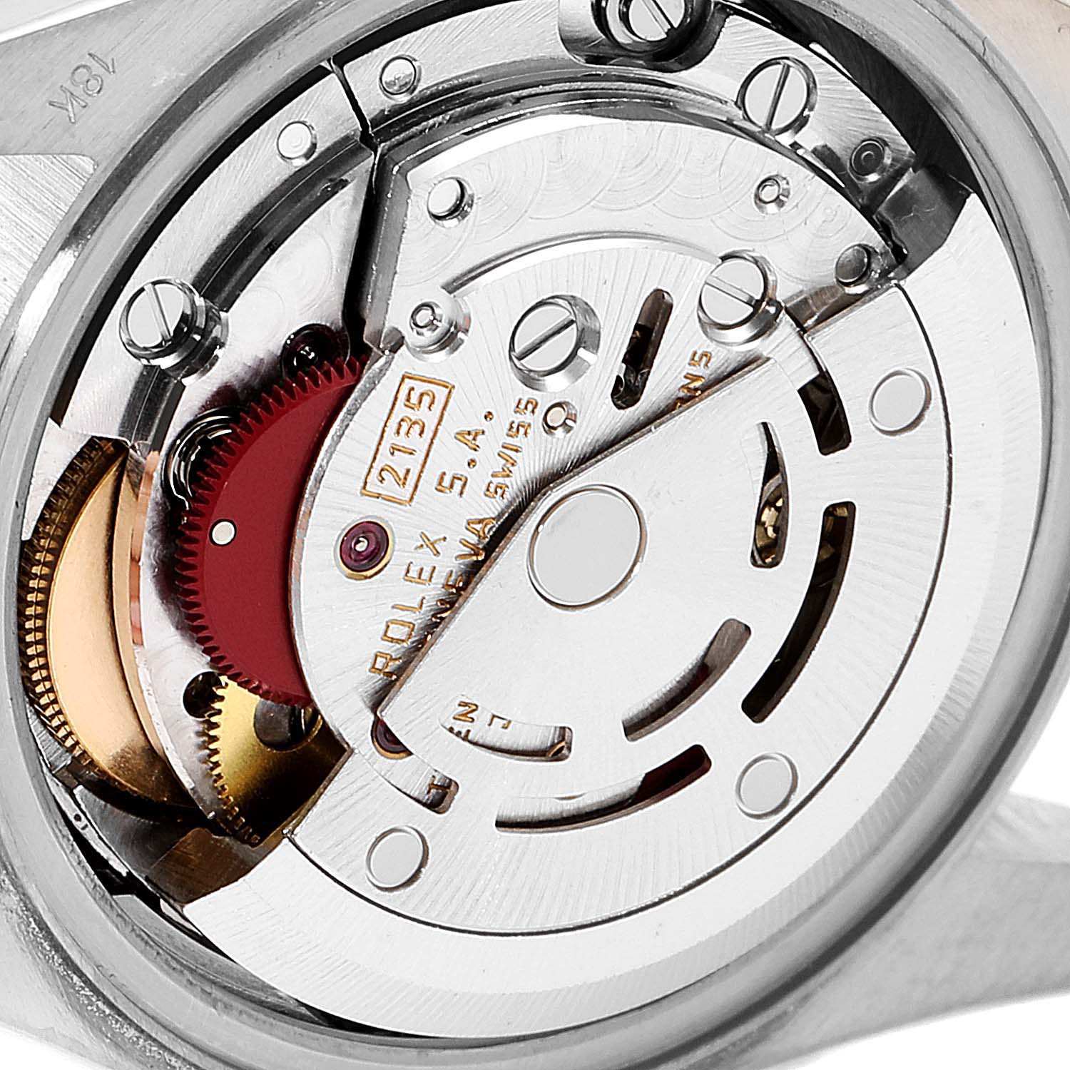 The image shows a close-up view of the internal movement mechanism of a Rolex President 69179 Women's White Gold Brown Dial 69179 Women's White Gold Brown Dial model watch.