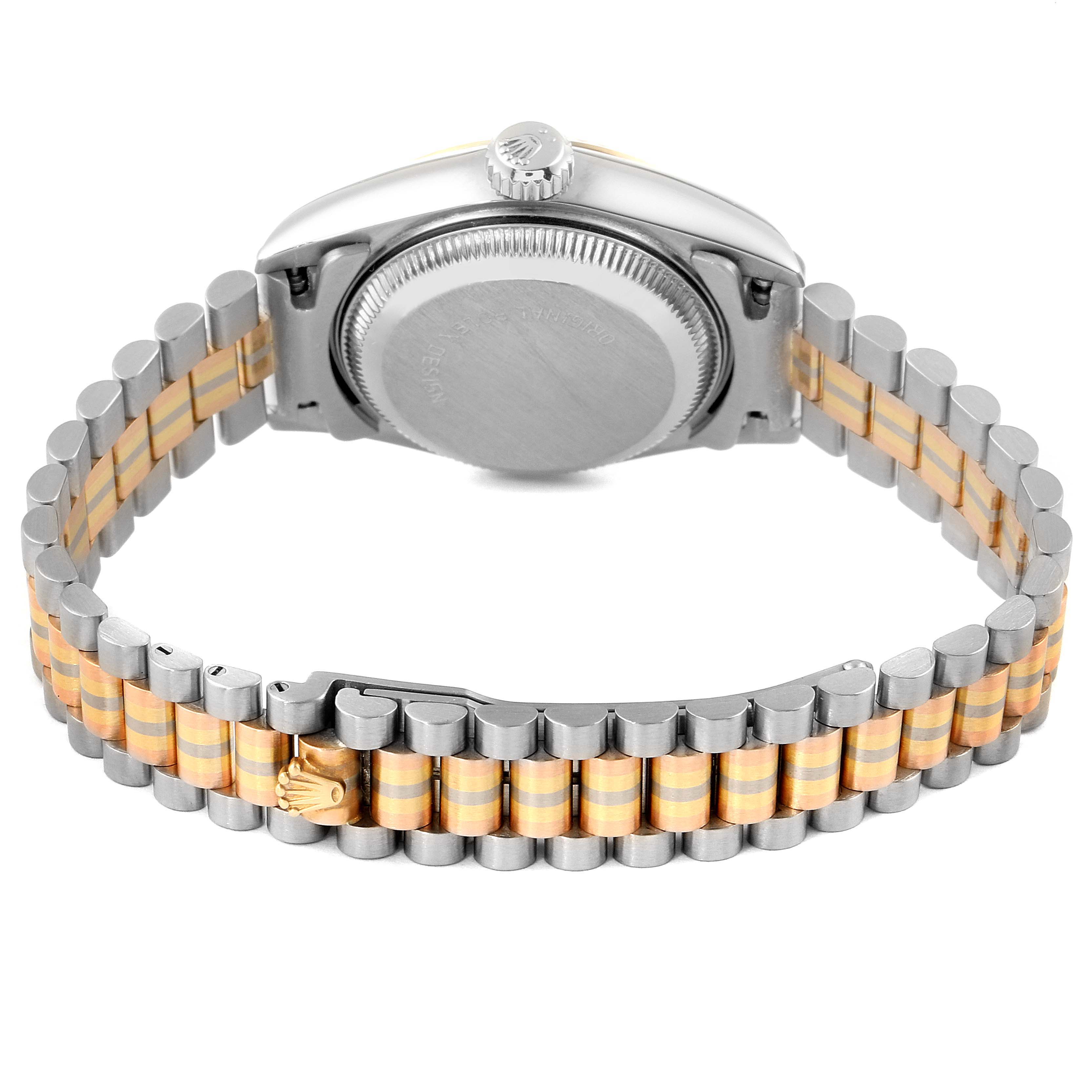 The image shows the back view of a Rolex President 69179 Women's White Gold Brown Dial 69179 Women's White Gold Brown Dial model watch, highlighting its case back and the two-tone bracelet.