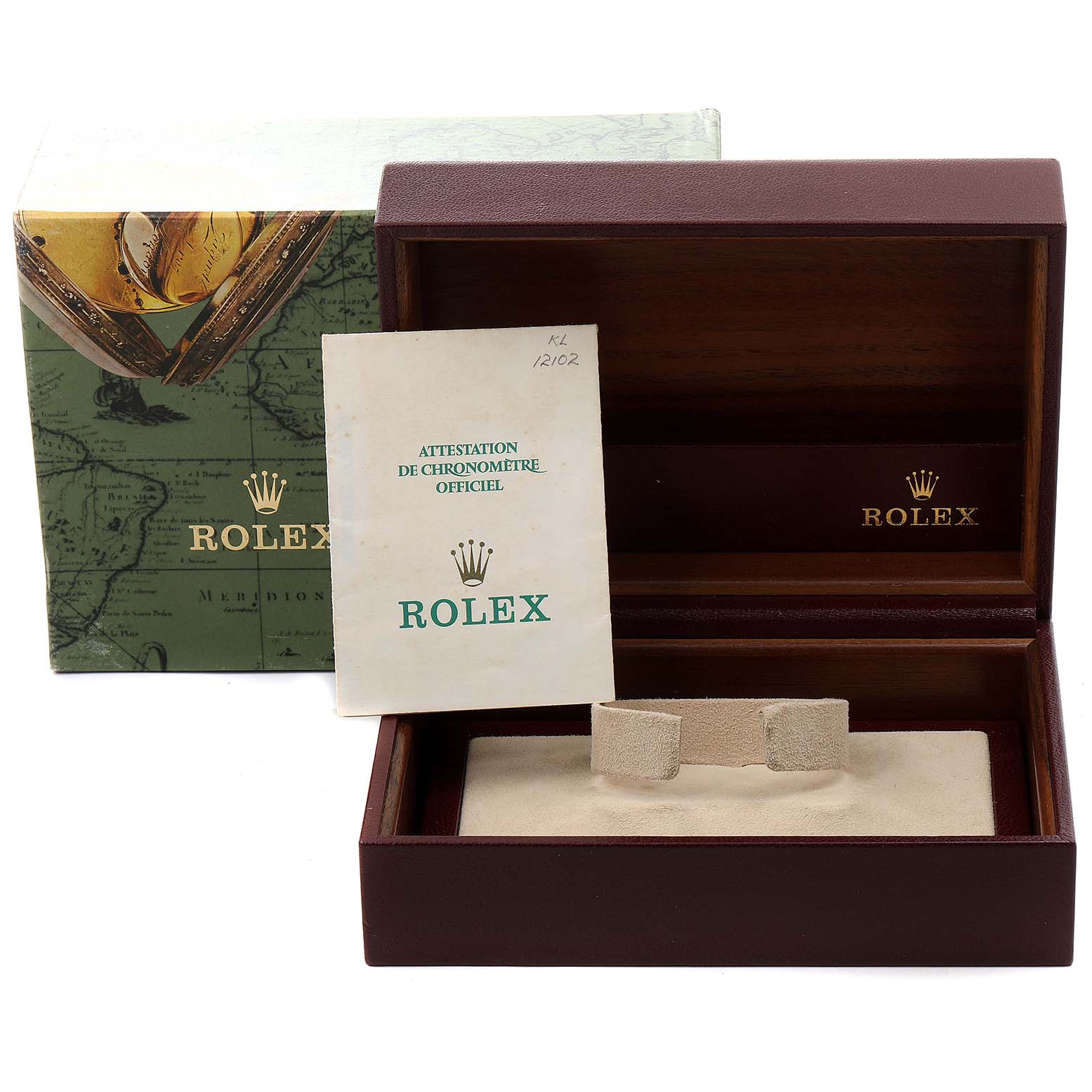 The image shows the packaging and certificate of a Rolex President 69179 Women's White Gold Brown Dial 69179 Women's White Gold Brown Dial model watch, including the box and official chronometer attestation.