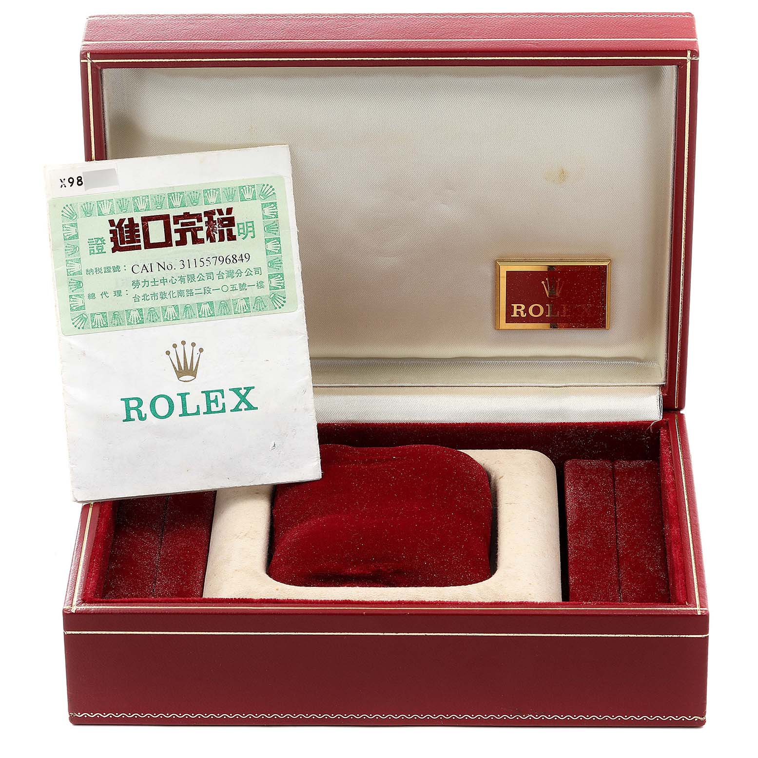 The image shows an open Rolex President 69178 Women's Yellow Gold Green Dial 69178 Women's Yellow Gold Green Dial watch box with a document positioned in front.