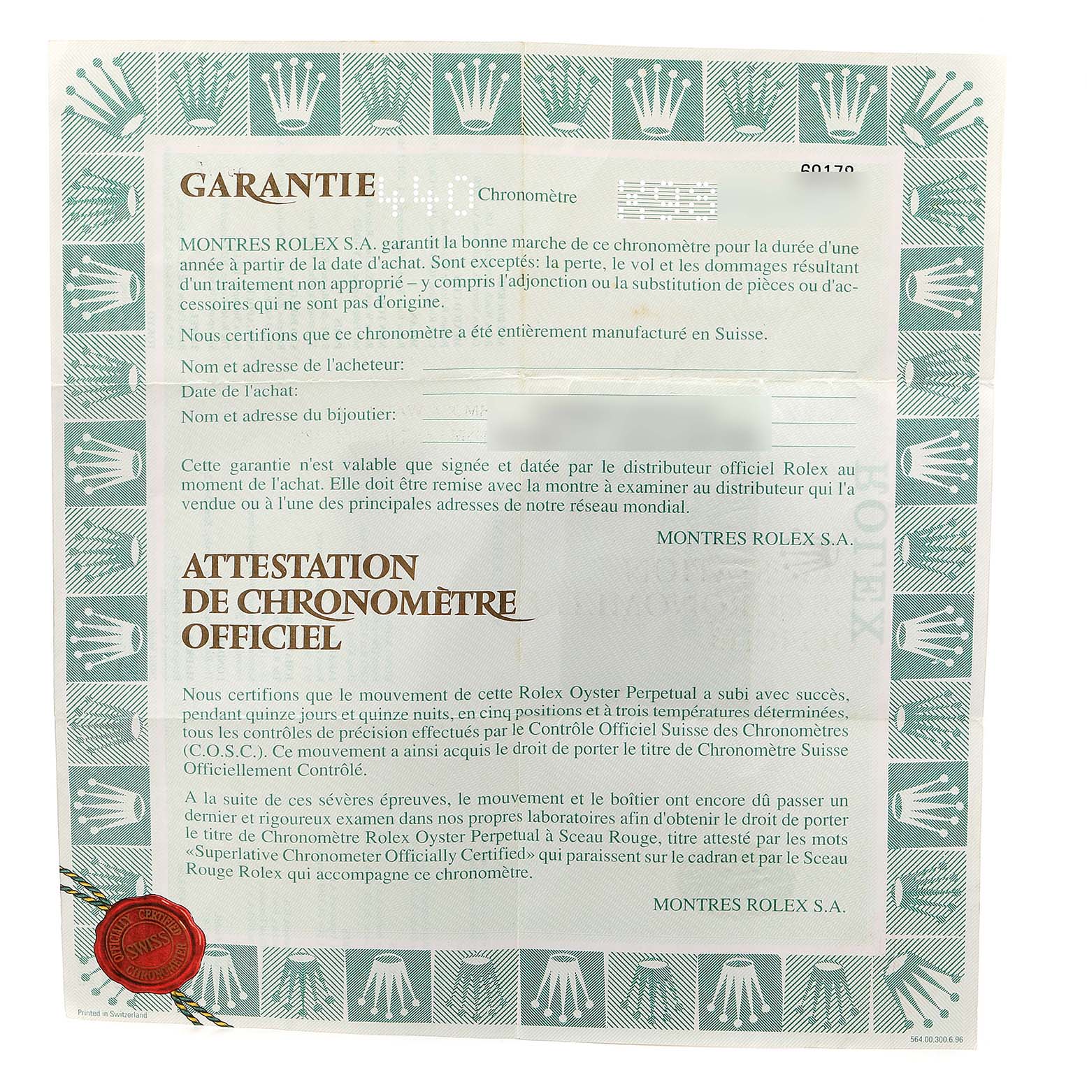 This is a close-up image of the warranty and chronometer certification documents for a Rolex President 69178 Women's Yellow Gold Green Dial 69178 Women's Yellow Gold Green Dial model watch.