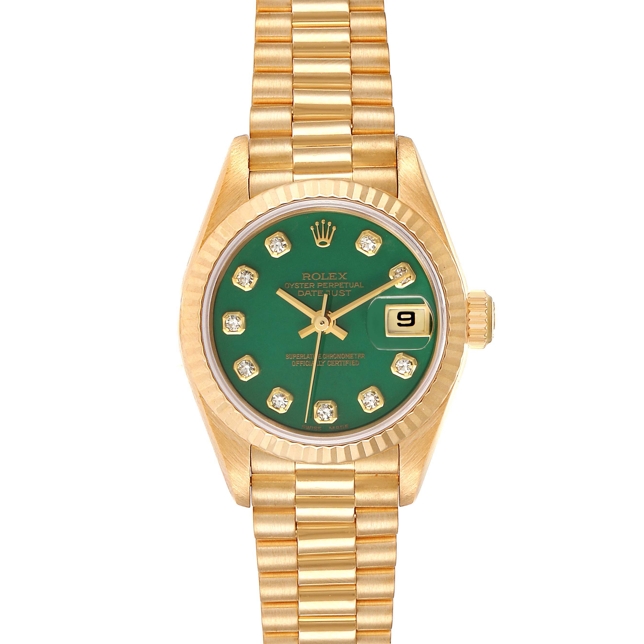 This image shows a front view of a Rolex President 69178 Women's Yellow Gold Green Dial 69178 Women's Yellow Gold Green Dial model watch, featuring its green dial, date window, and gold bracelet.