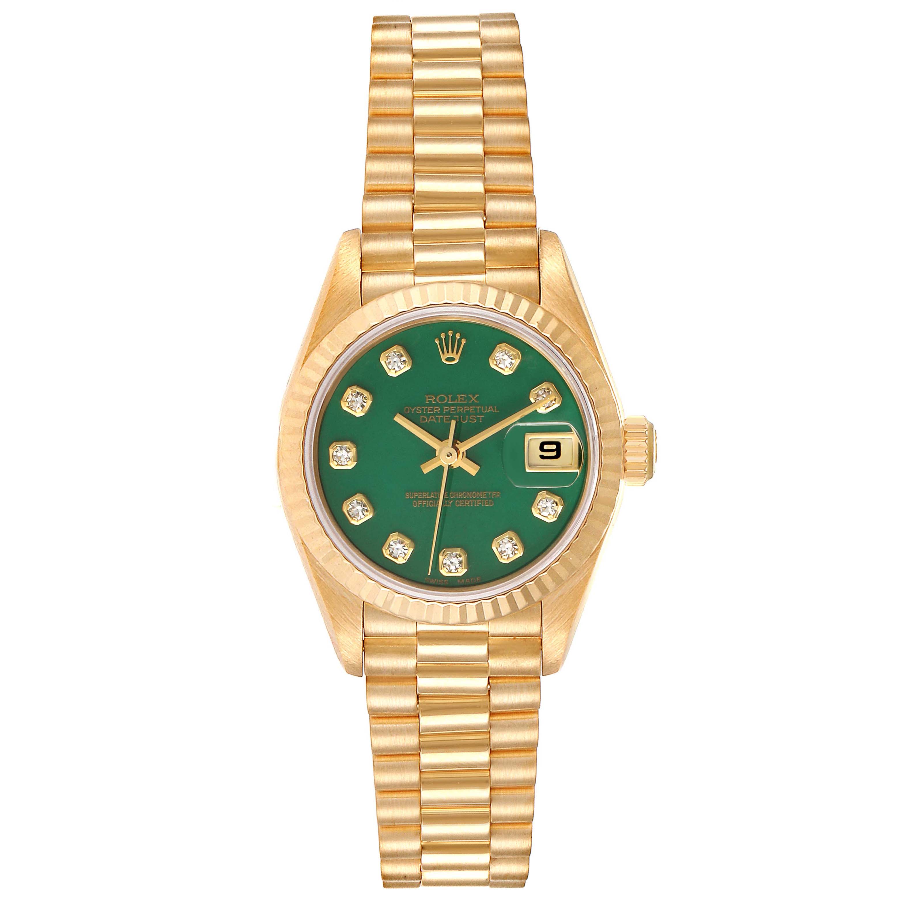 The image shows a Rolex President 69178 Women's Yellow Gold Green Dial 69178 Women's Yellow Gold Green Dial model watch from a frontal angle, highlighting its green dial, date display, and gold bracelet.