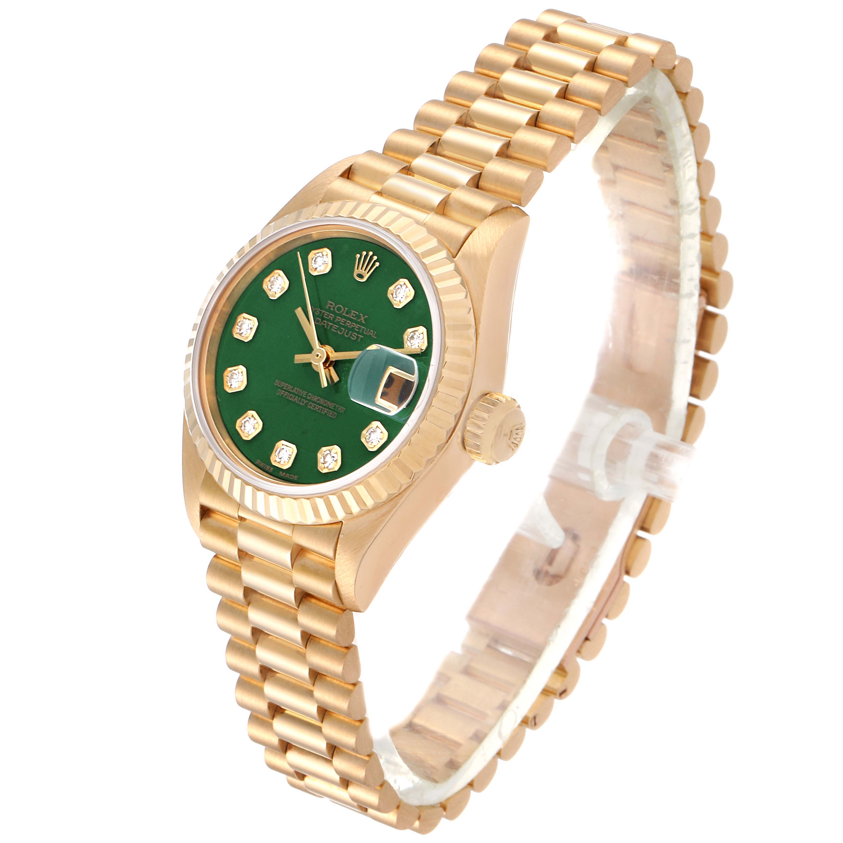 The Rolex President 69178 Women's Yellow Gold Green Dial 69178 Women's Yellow Gold Green Dial model watch is shown at a three-quarter angle, highlighting its green dial, gold bracelet, and crown.
