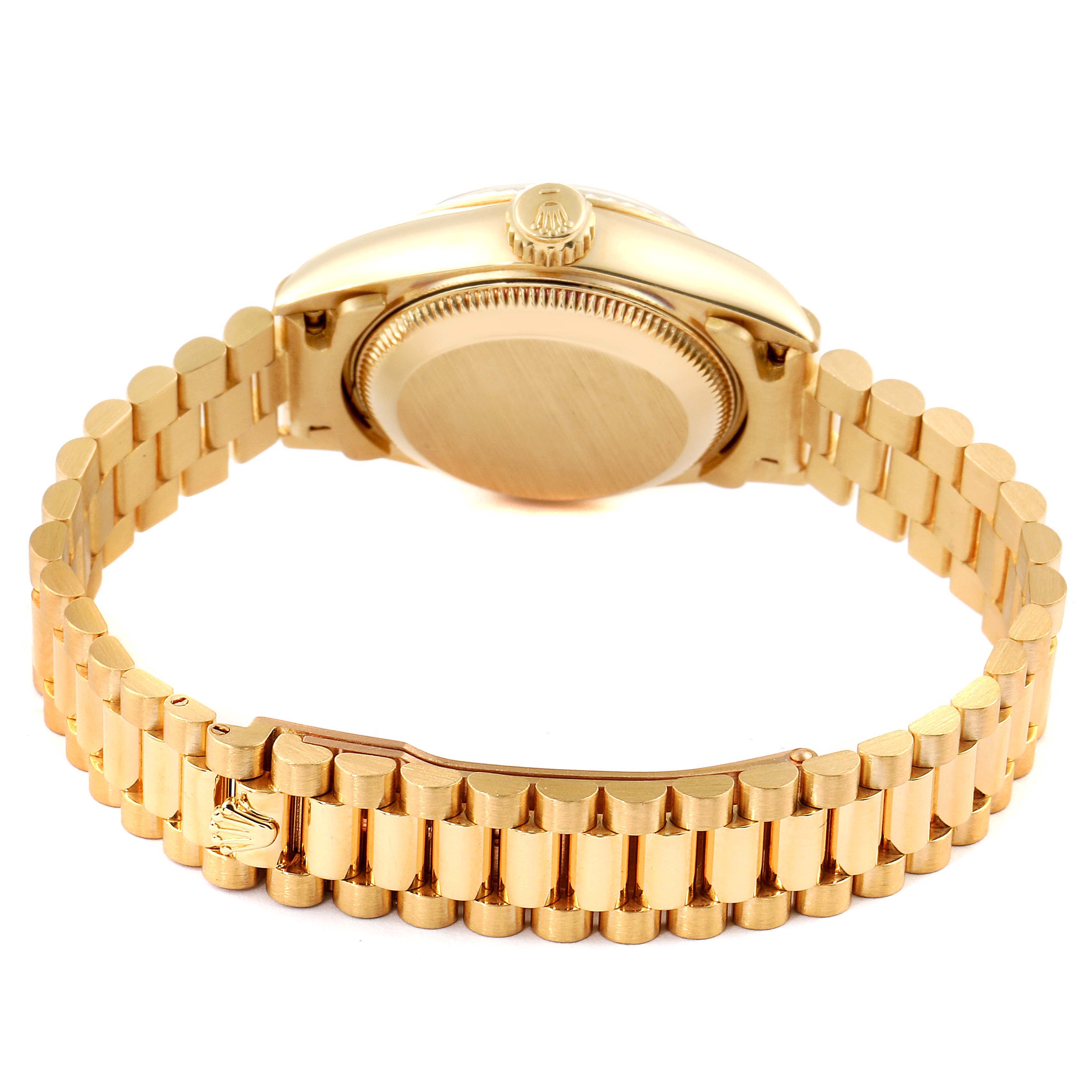 The image shows the back view of the Rolex President 69178 Women's Yellow Gold Green Dial 69178 Women's Yellow Gold Green Dial model watch, highlighting its gold bracelet and case back.