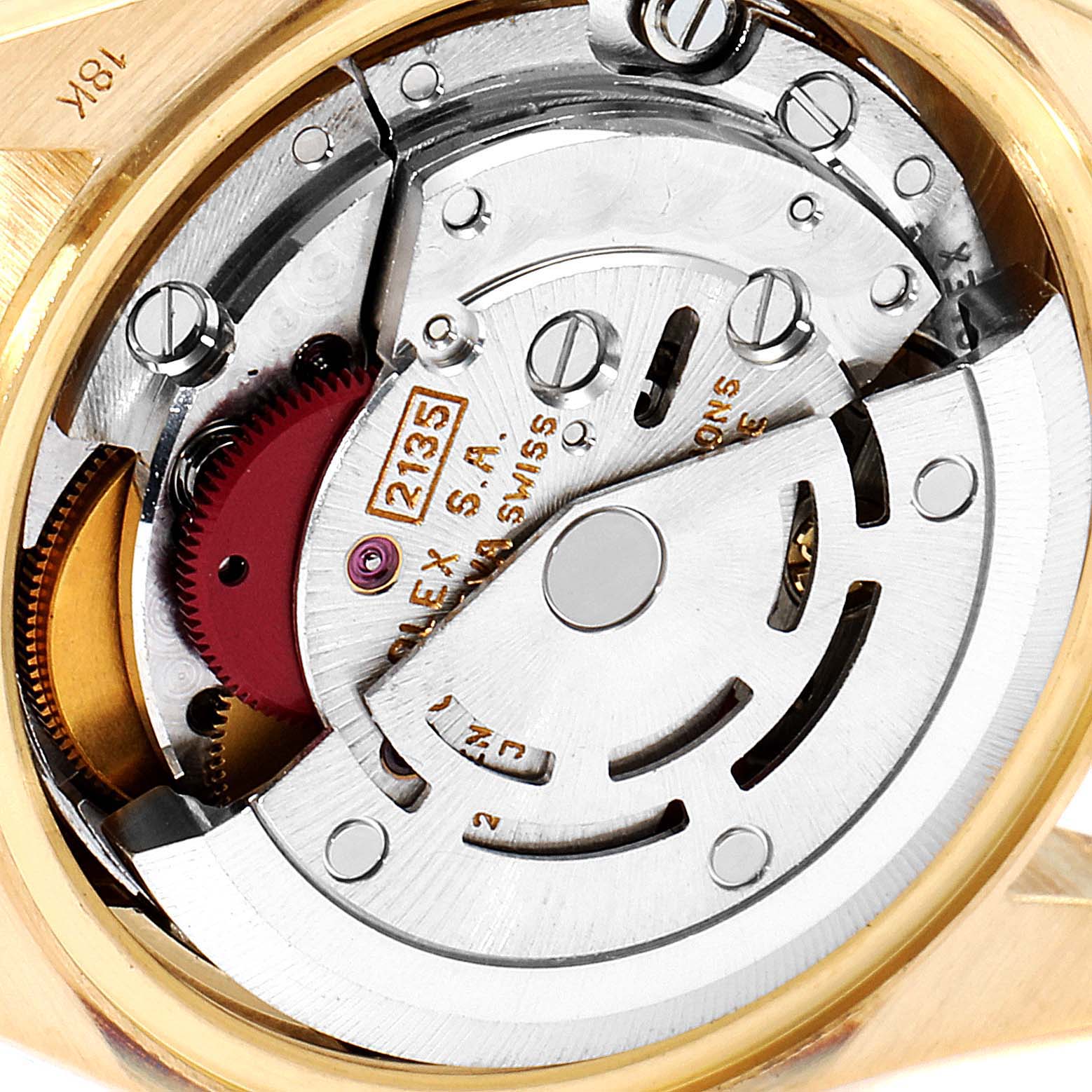 This image shows a close-up view of the movement inside a Rolex President 69178 Women's Yellow Gold Green Dial 69178 Women's Yellow Gold Green Dial model watch.