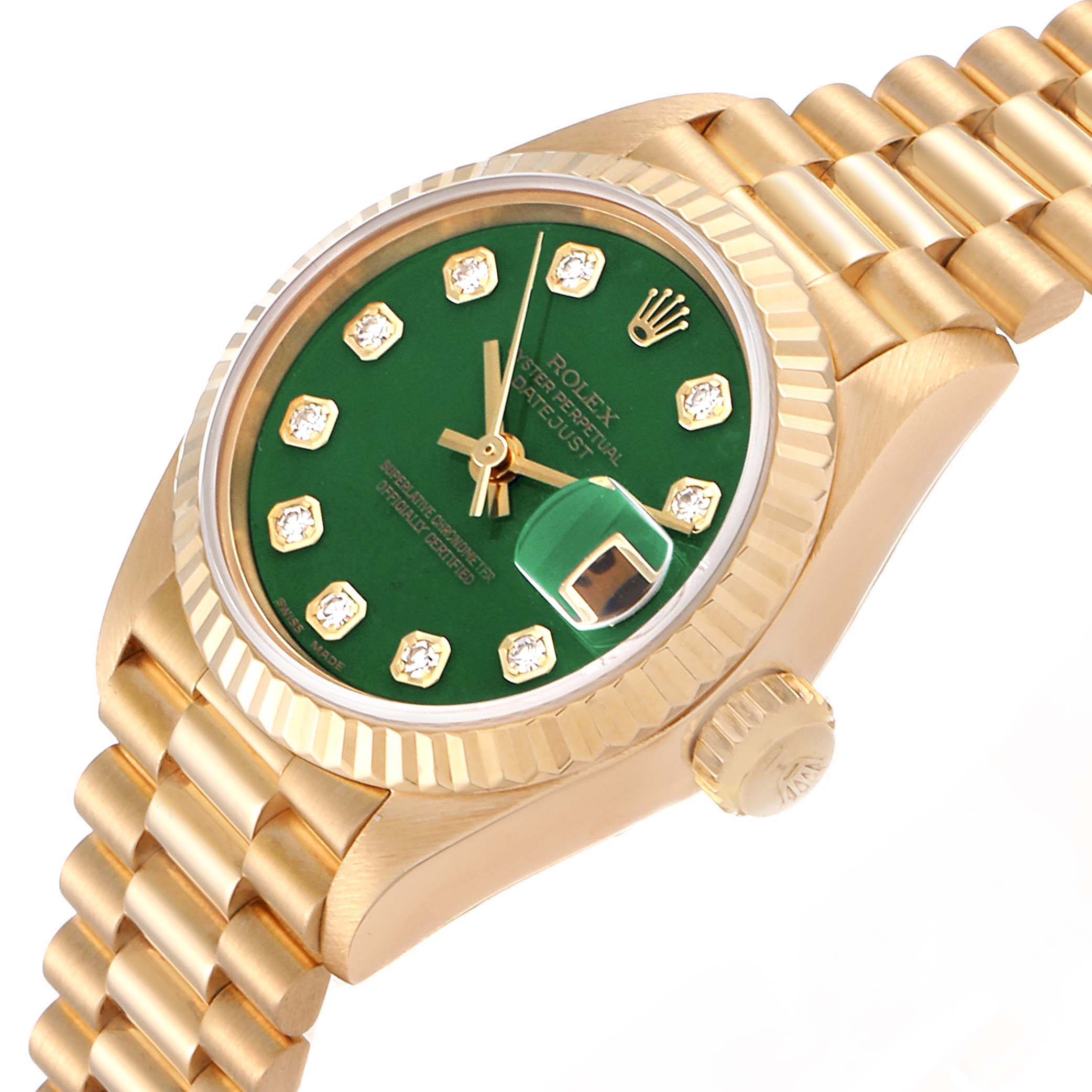 The image shows a Rolex President 69178 Women's Yellow Gold Green Dial 69178 Women's Yellow Gold Green Dial model watch from an angled view, highlighting the green dial, gold bracelet, and crown.