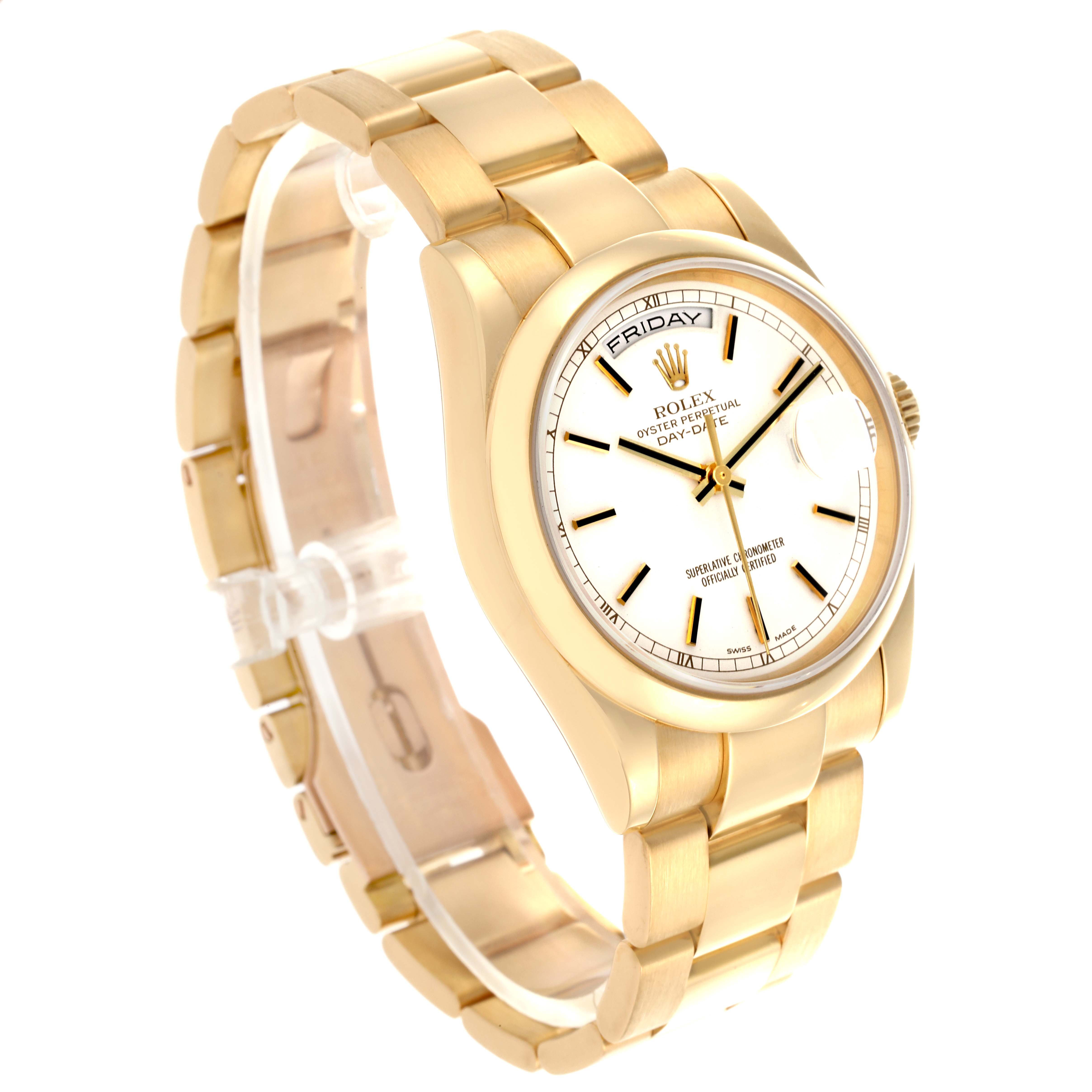 The Rolex President 118208 Men's Yellow Gold White Dial 118208 Men's Yellow Gold White Dial watch is shown at an angled side view, highlighting the bracelet and face.