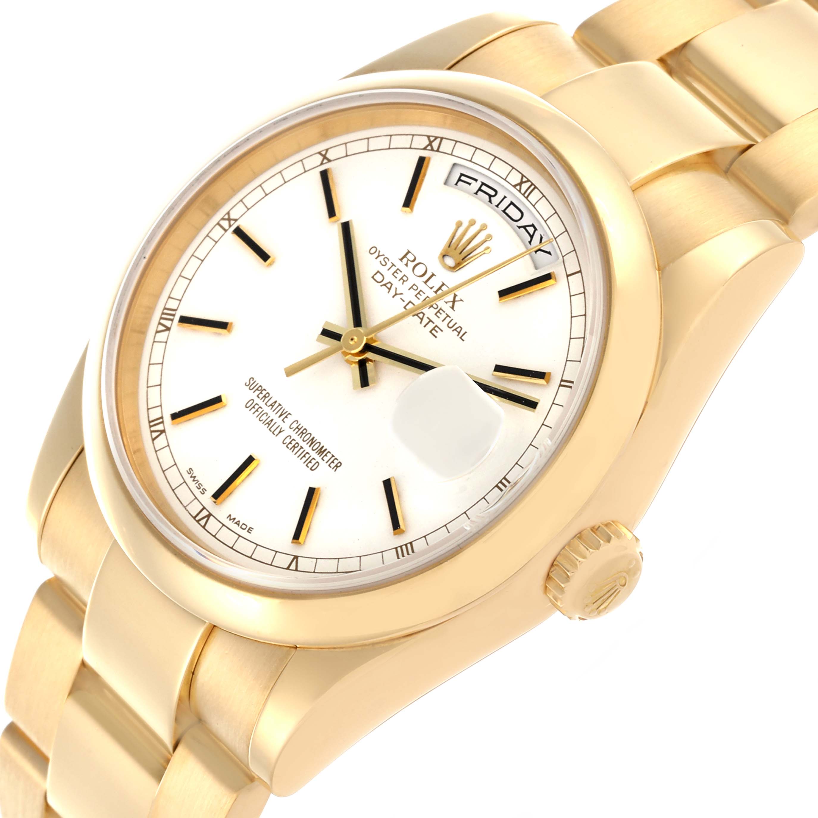 The image shows a Rolex President 118208 Men's Yellow Gold White Dial 118208 Men's Yellow Gold White Dial model watch from an angled top view, displaying the face, bezel, bracelet, and crown.