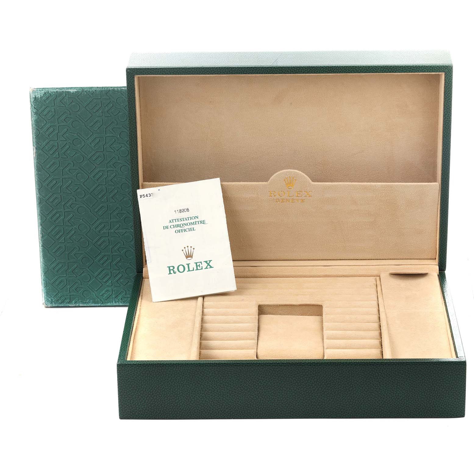 The image shows the open box and manual of the Rolex President 118208 Men's Yellow Gold White Dial 118208 Men's Yellow Gold White Dial model, without the watch inside.