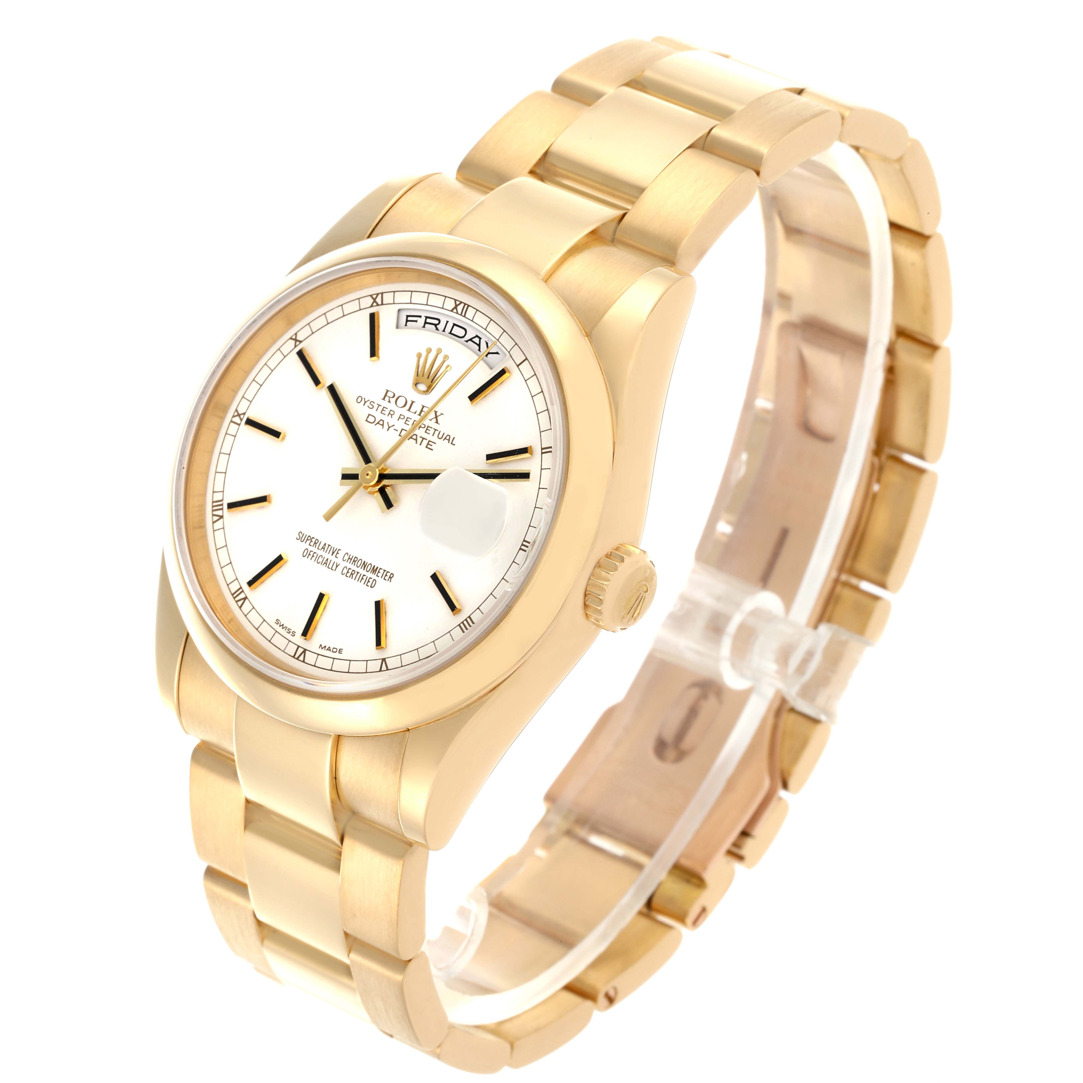 The Rolex President 118208 Men's Yellow Gold White Dial 118208 Men's Yellow Gold White Dial watch is shown at an angle highlighting the dial, bezel, and bracelet.