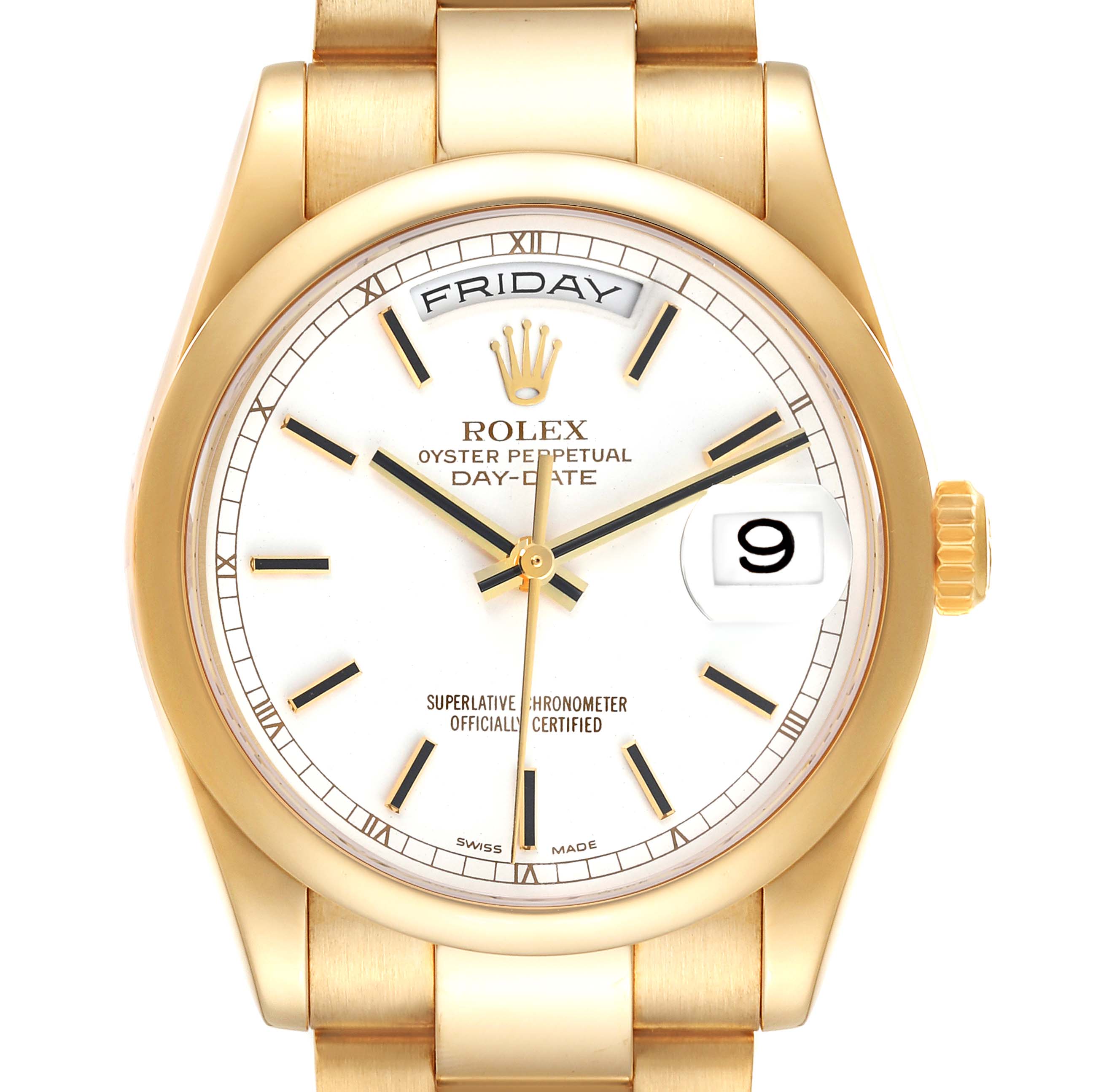 The Rolex President 118208 Men's Yellow Gold White Dial 118208 Men's Yellow Gold White Dial Day-Date is shown from the front, displaying the dial, day, date, and part of the bracelet.
