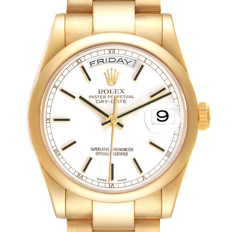 The Rolex President Day-Date is shown from the front, displaying the dial, day, date, and part of the bracelet.