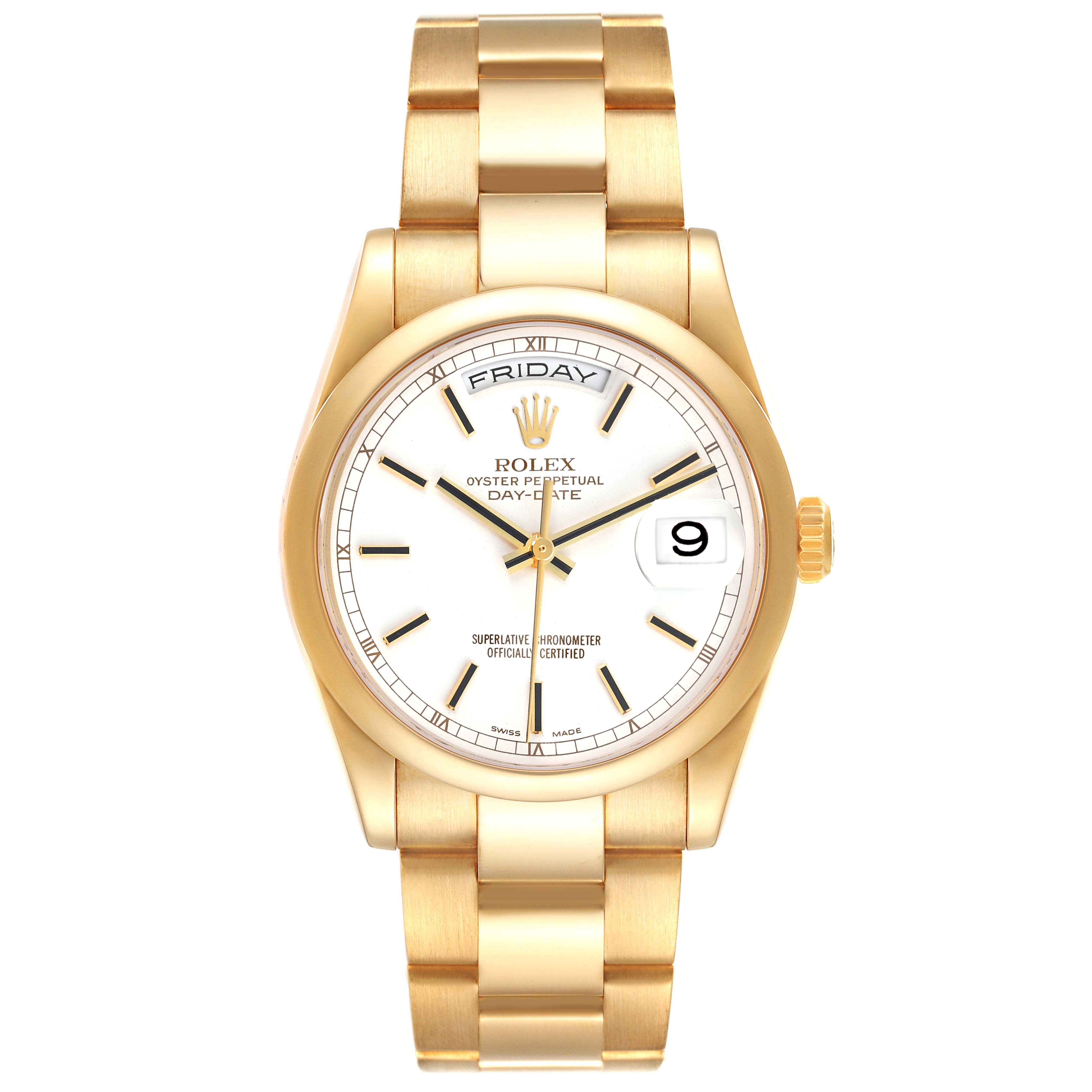 The Rolex President 118208 Men's Yellow Gold White Dial 118208 Men's Yellow Gold White Dial model watch is shown from a frontal angle, displaying the face, bracelet, and crown.