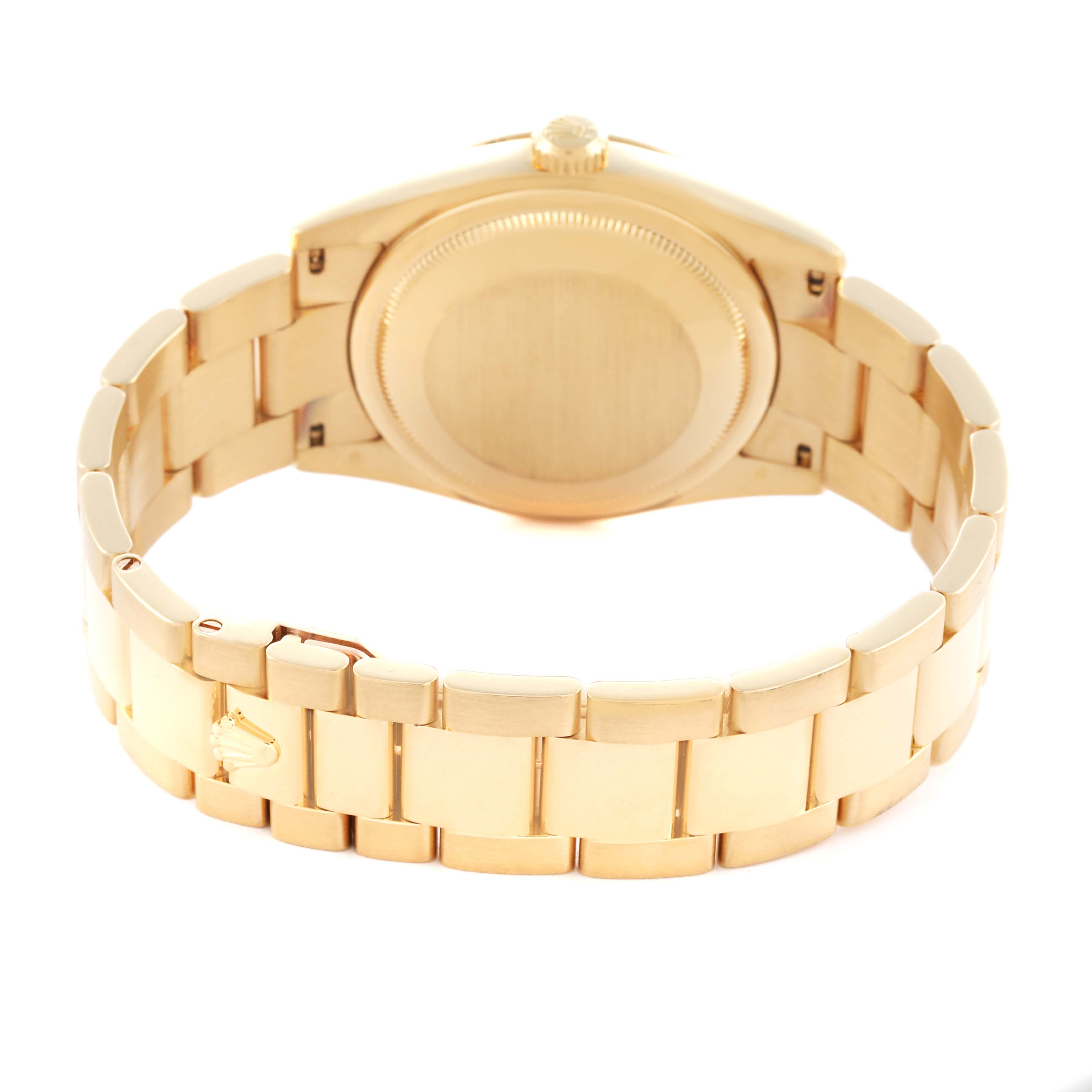 The image shows the back and bracelet of the Rolex President 118208 Men's Yellow Gold White Dial 118208 Men's Yellow Gold White Dial model, highlighting the clasp and case back.