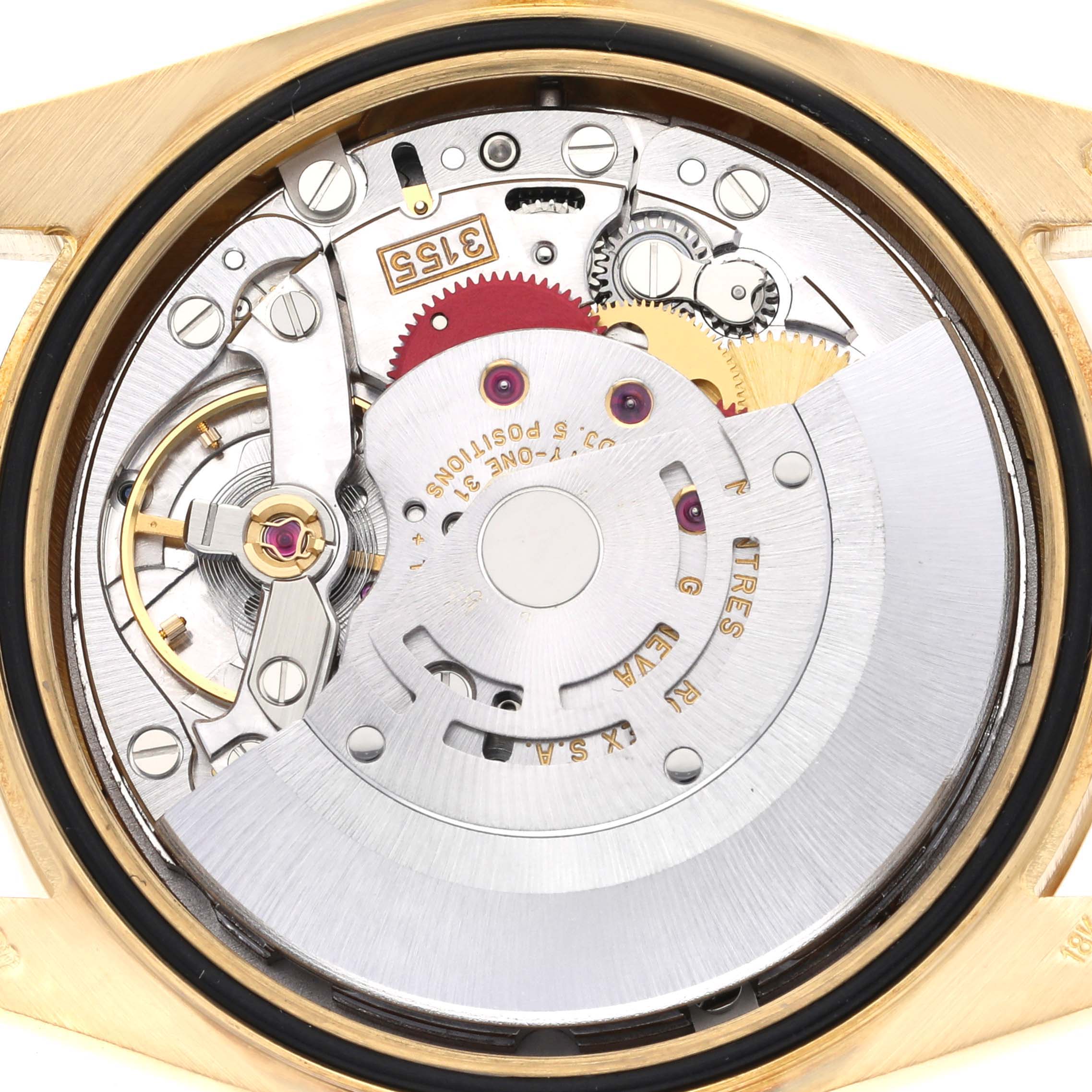 The image shows the internal mechanical movement of a Rolex President 118208 Men's Yellow Gold White Dial 118208 Men's Yellow Gold White Dial watch from a top-down angle.