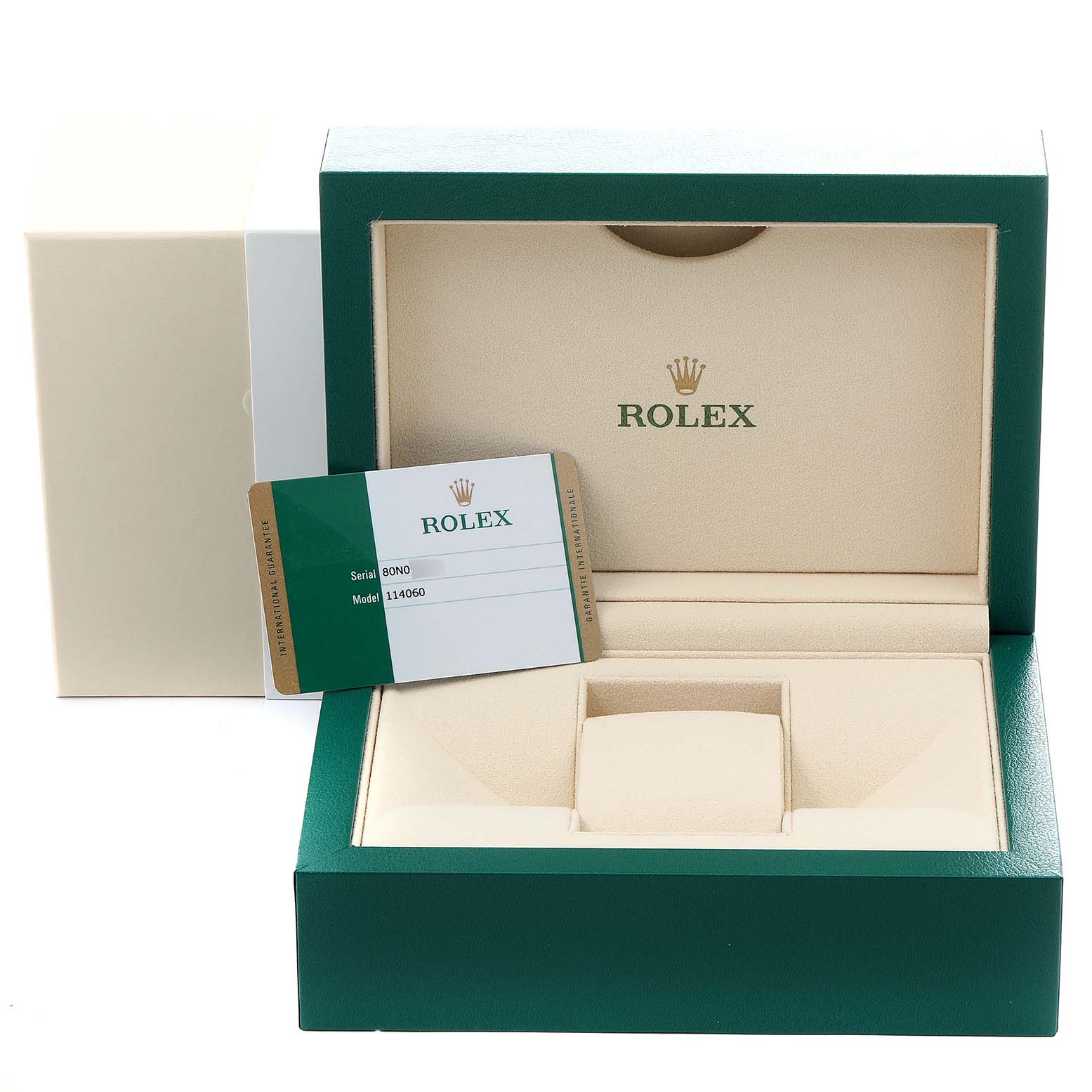 The image shows a Rolex Submariner 114060 Men's Stainless Steel Black Dial 114060 Men's Stainless Steel Black Dial model watch box and warranty card from a front angle.