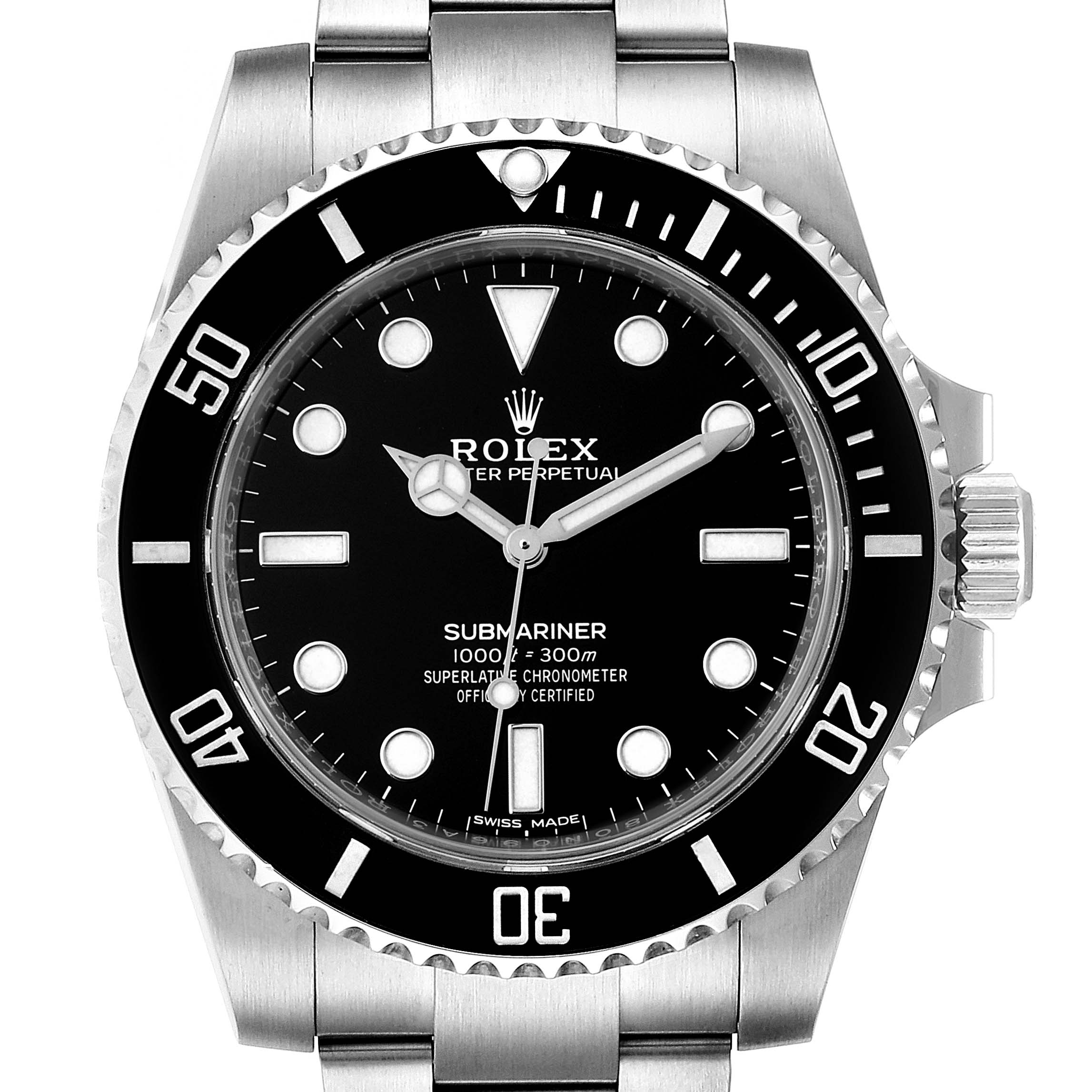 This image shows the face of a Rolex Submariner 114060 Men's Stainless Steel Black Dial 114060 Men's Stainless Steel Black Dial watch head-on, highlighting the bezel, dial, and bracelet.