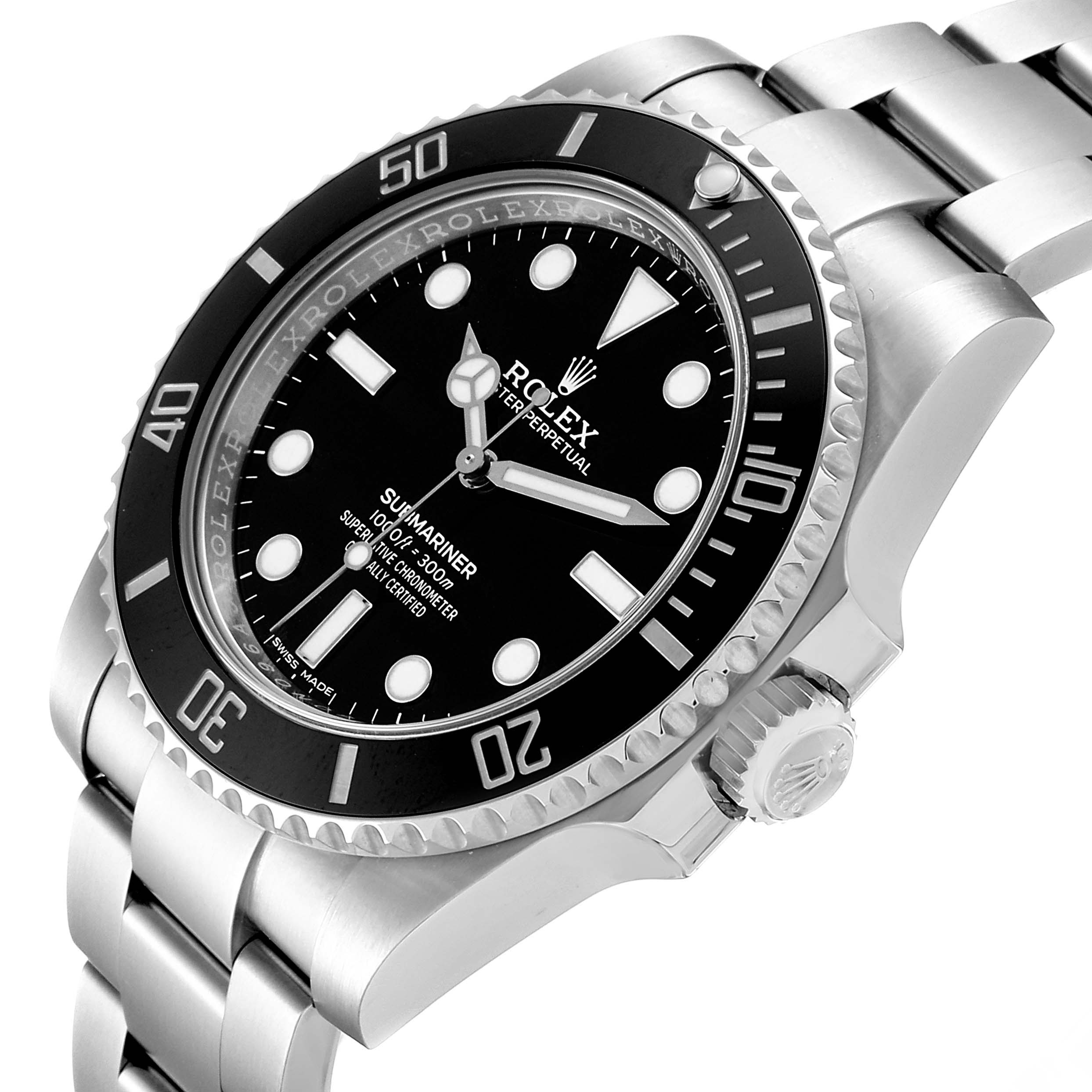 The Rolex Submariner 114060 Men's Stainless Steel Black Dial 114060 Men's Stainless Steel Black Dial watch is shown at a slight angle, displaying the face, bezel, crown, and part of the stainless-steel bracelet.