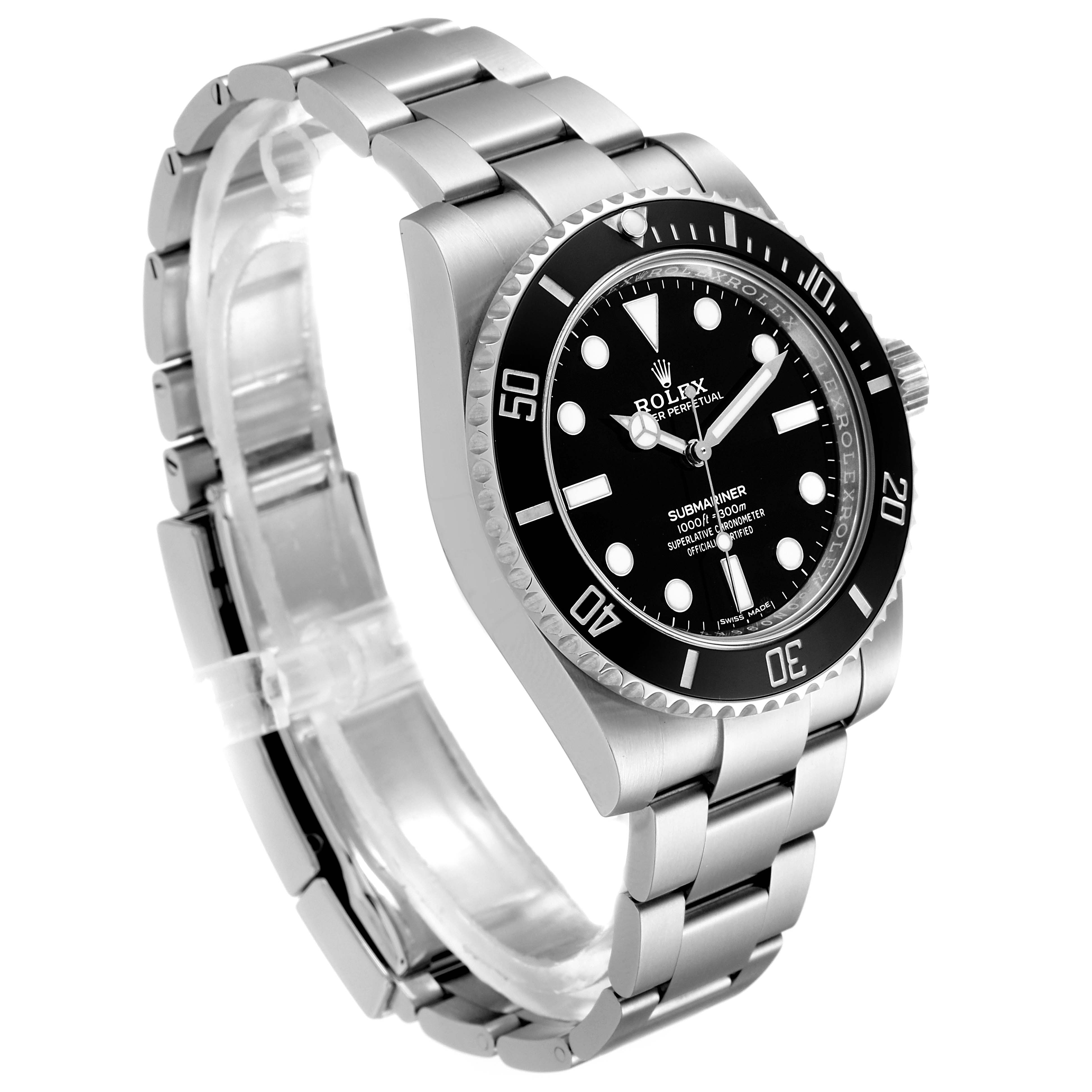 This image shows a Rolex Submariner 114060 Men's Stainless Steel Black Dial 114060 Men's Stainless Steel Black Dial watch at a slight angle, highlighting the face, bezel, and stainless steel bracelet.