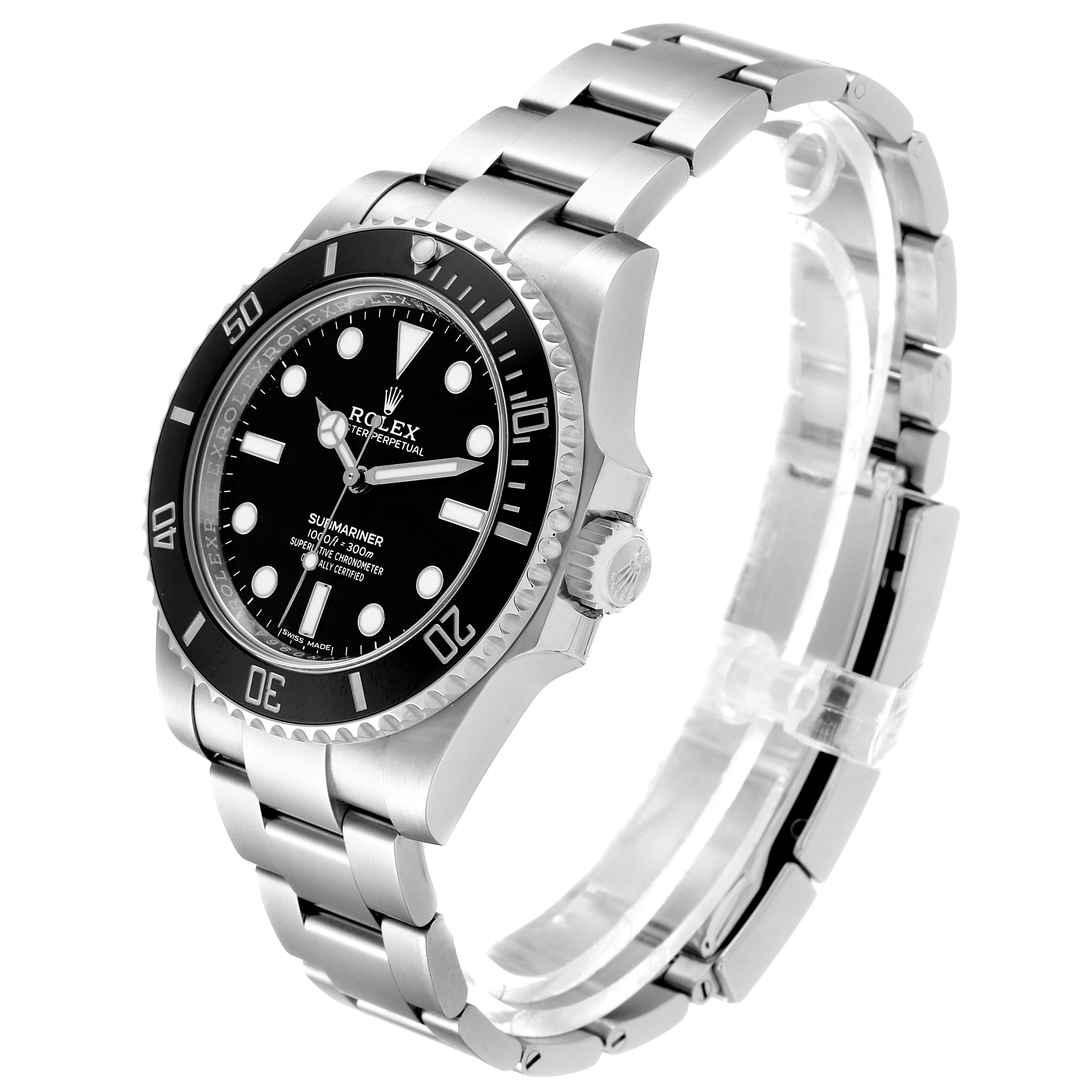The image shows a side angle of the Rolex Submariner 114060 Men's Stainless Steel Black Dial 114060 Men's Stainless Steel Black Dial watch, highlighting the bracelet, bezel, and crown.