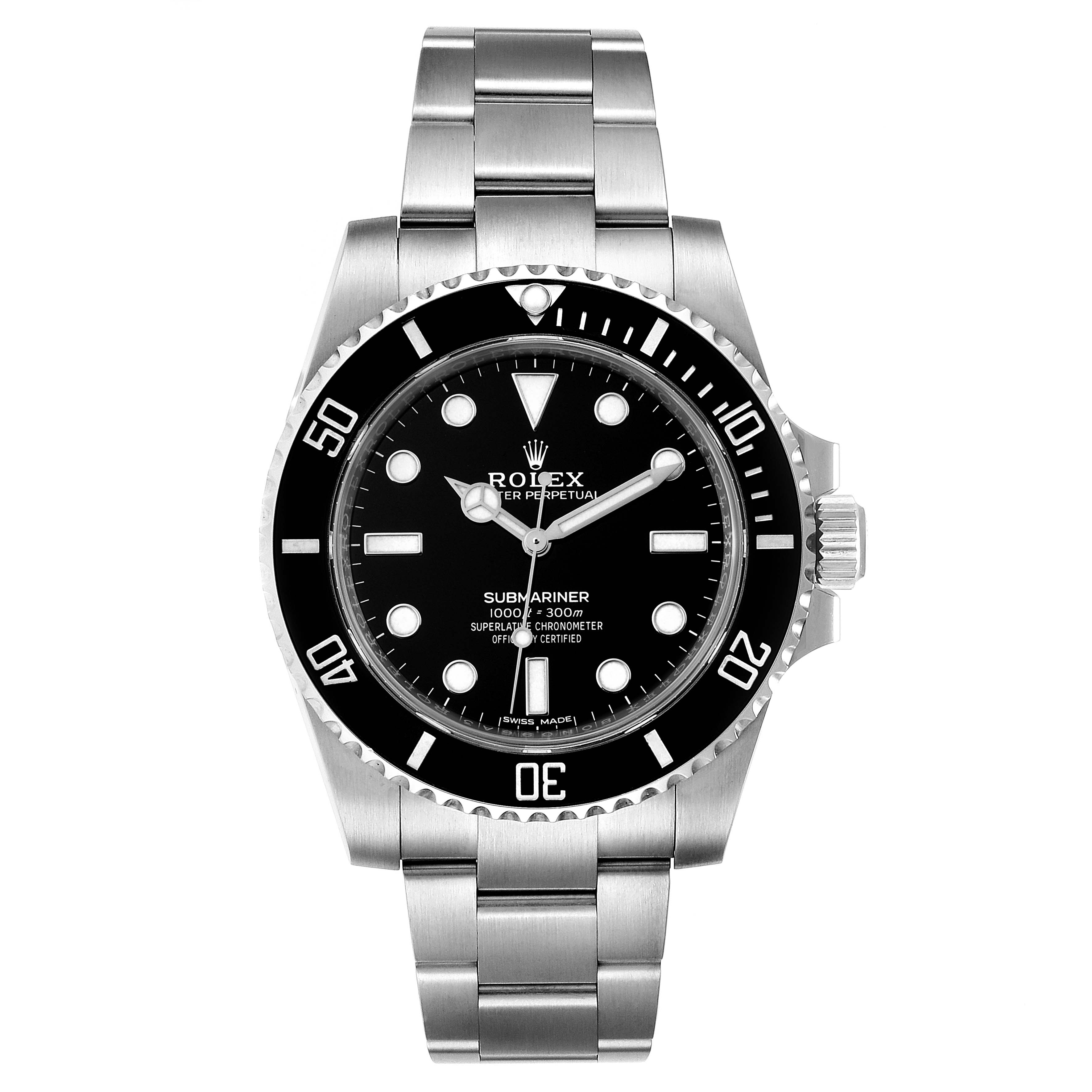 The image shows a frontal view of a Rolex Submariner 114060 Men's Stainless Steel Black Dial 114060 Men's Stainless Steel Black Dial watch, displaying the dial, bezel, crown, and bracelet.