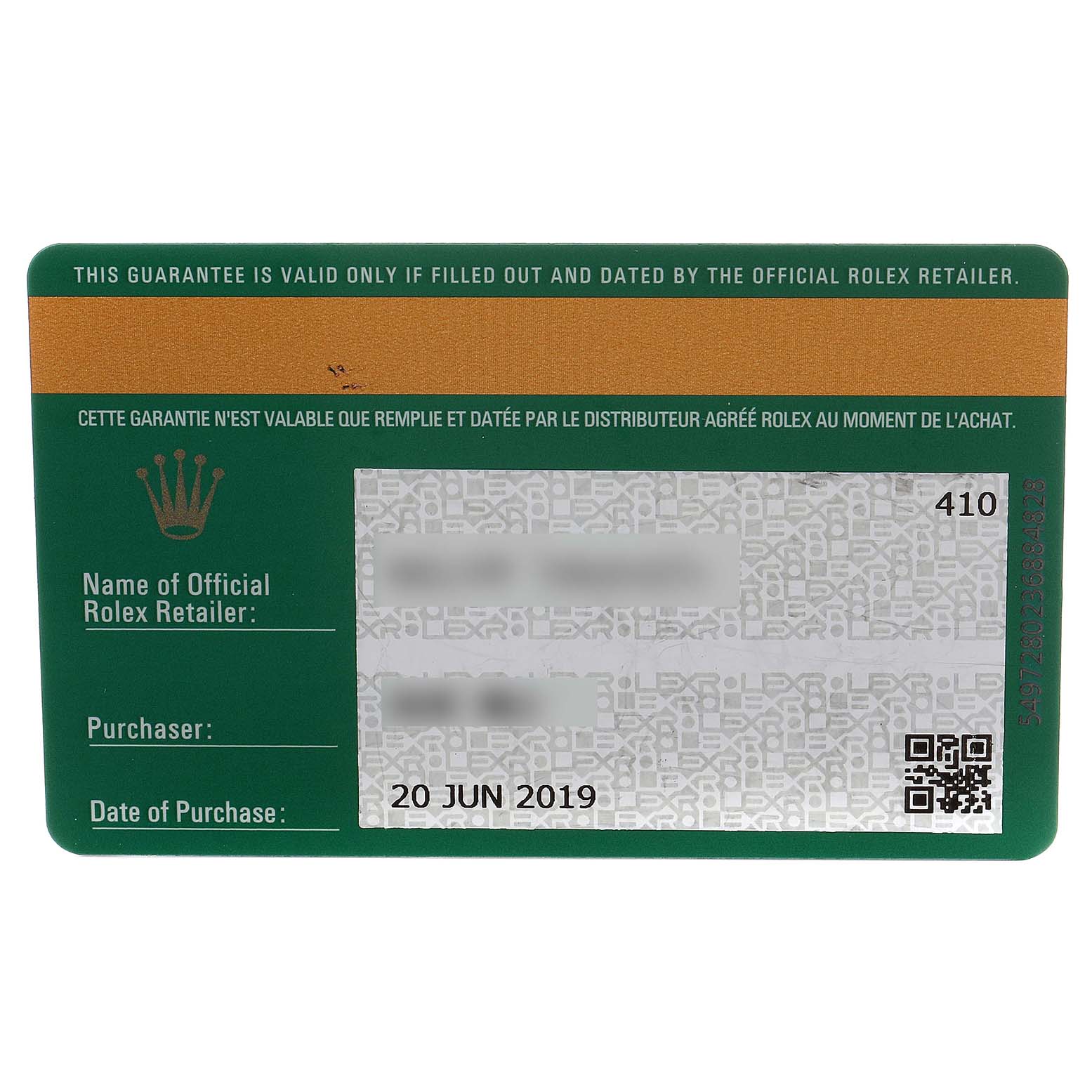 This image shows a warranty card for the Rolex Submariner 114060 Men's Stainless Steel Black Dial 114060 Men's Stainless Steel Black Dial, displaying purchase details and official retailer information.