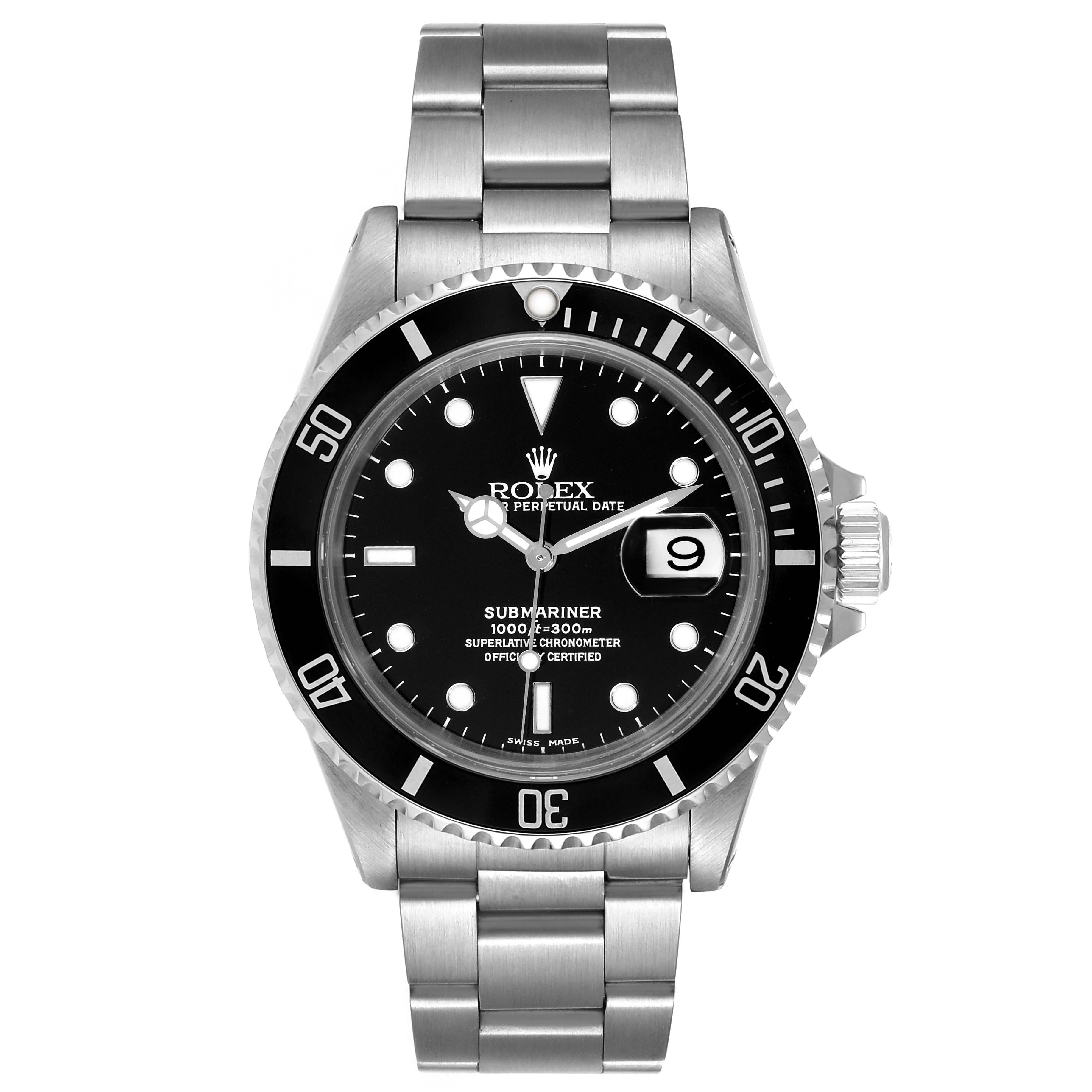 The image shows a front view of a Rolex Submariner 16610 Men's Stainless Steel Black Dial 16610 Men's Stainless Steel Black Dial watch, displaying its face, bezel, and bracelet.
