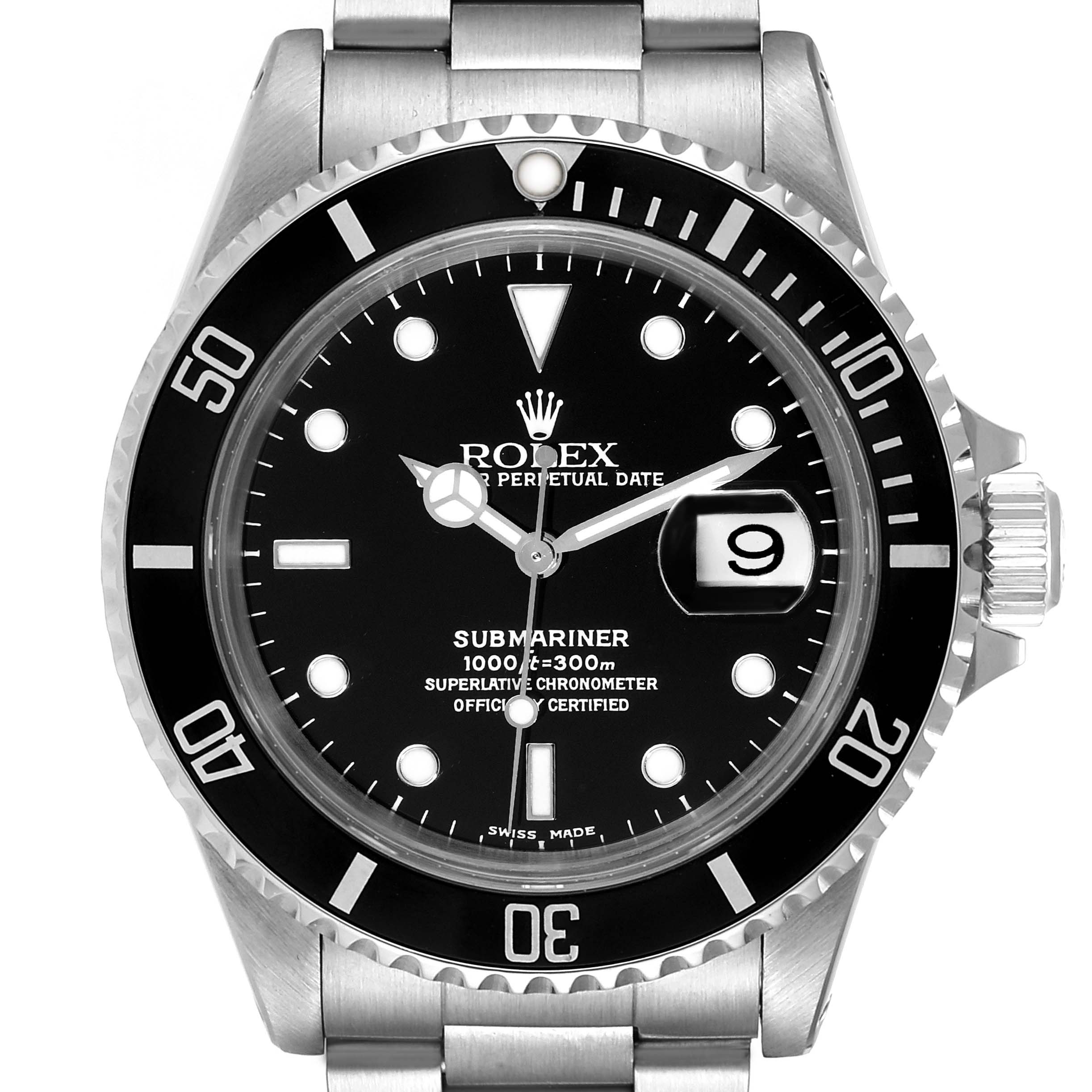 The image shows a front view of a Rolex Submariner 16610 Men's Stainless Steel Black Dial 16610 Men's Stainless Steel Black Dial watch, highlighting its dial, bezel, bracelet, and date display at the 3 o'clock position.